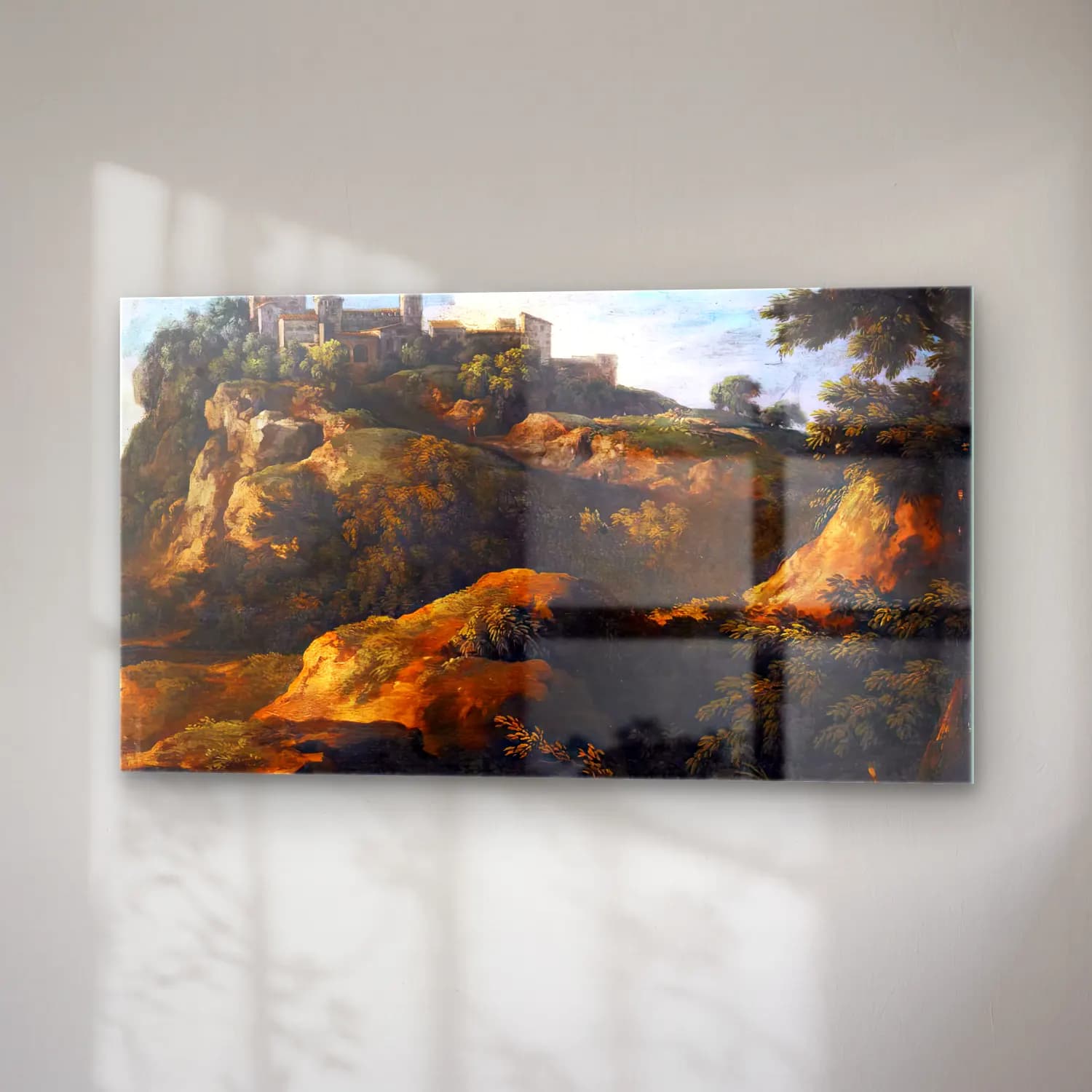 Gaspard Dughet – Rocky Roman Landscape with a Hilltop Town cam tablo — sağ açıdan görünüm