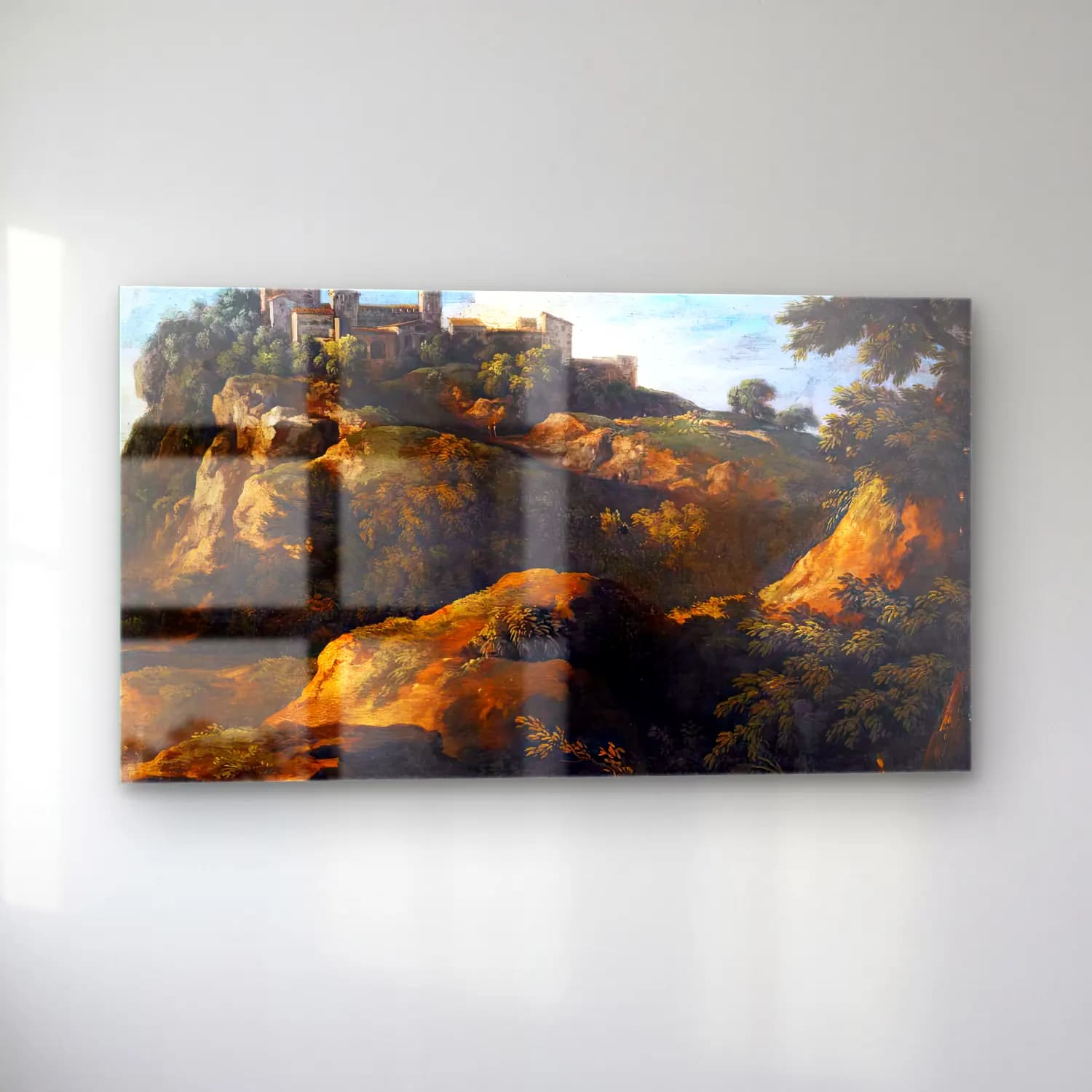 Gaspard Dughet – Rocky Roman Landscape with a Hilltop Town cam tablo — sol açıdan görünüm