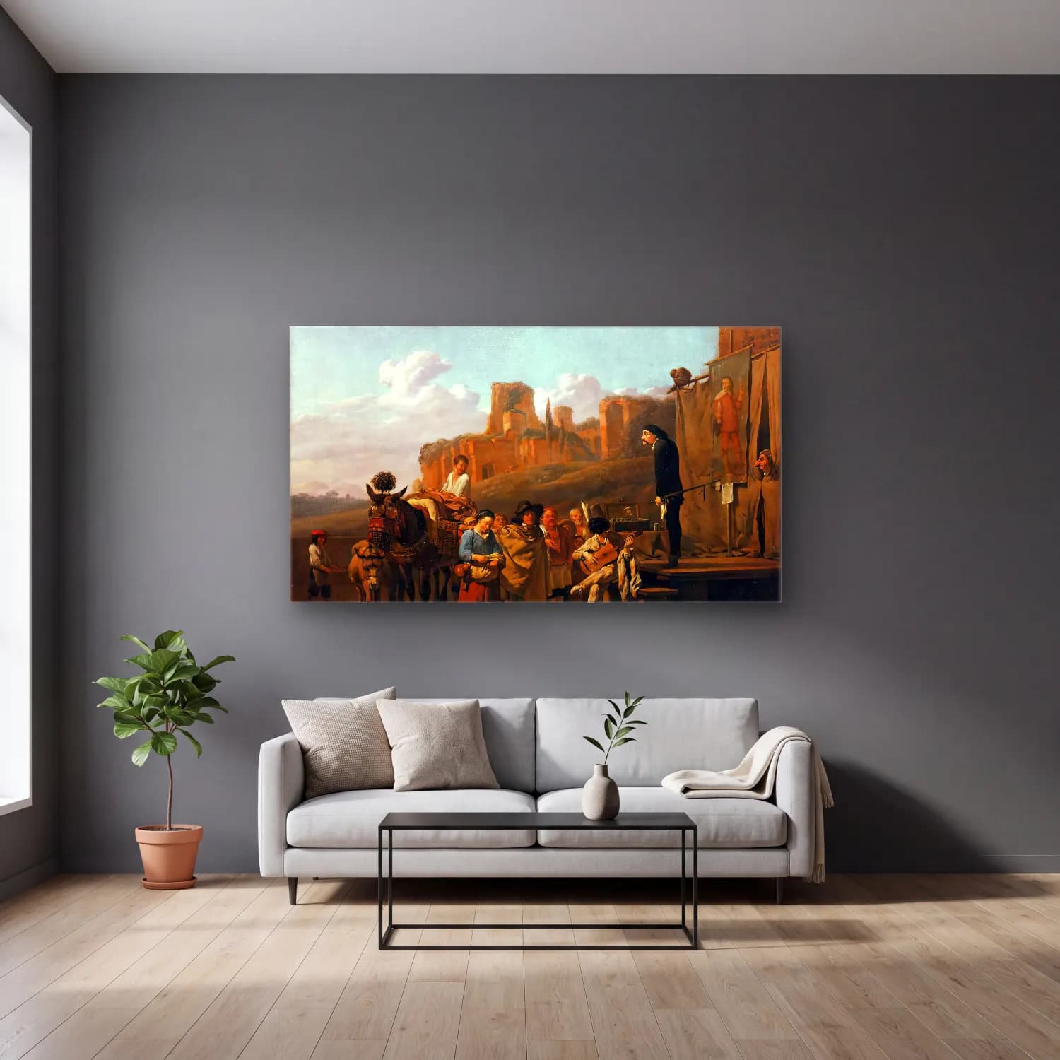 Karel Dujardin – A Party of Charlatans in an Italian Landscape cam tablo — gri duvarlı salonda