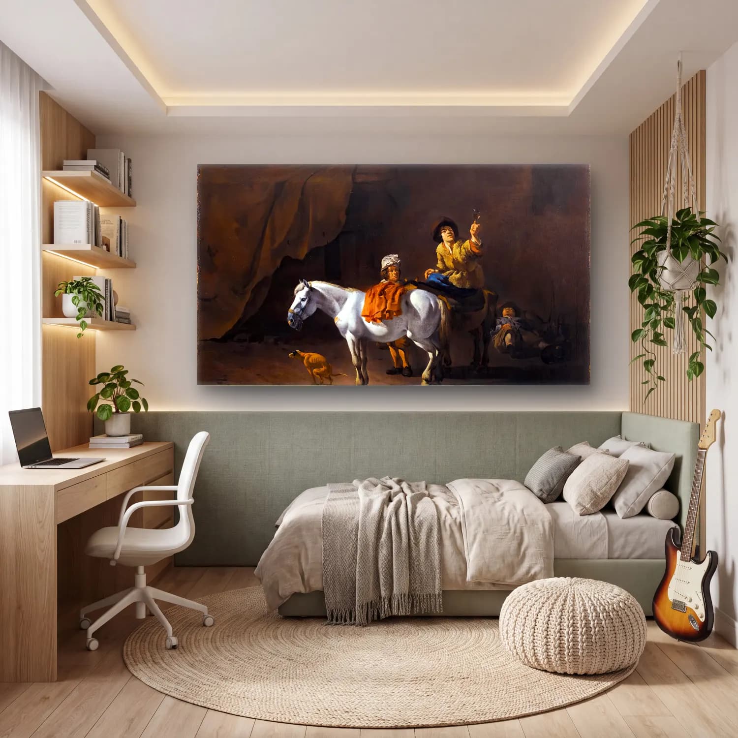Karel Dujardin – Horseman Holding a Roemer cam tablo — genç odasında