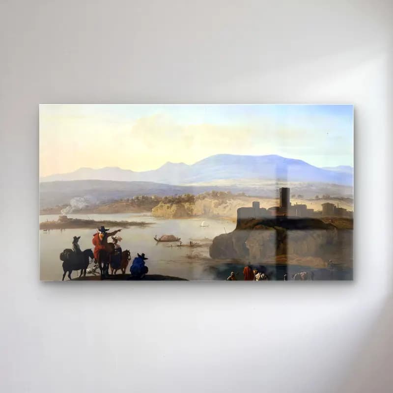 Karel Dujardin – Italianate Landscape with Travellers on Horseback cam tablo — Karel Dujardin – Italianate Landscape with Travellers on Horseback — vintage i̇talyan sahili