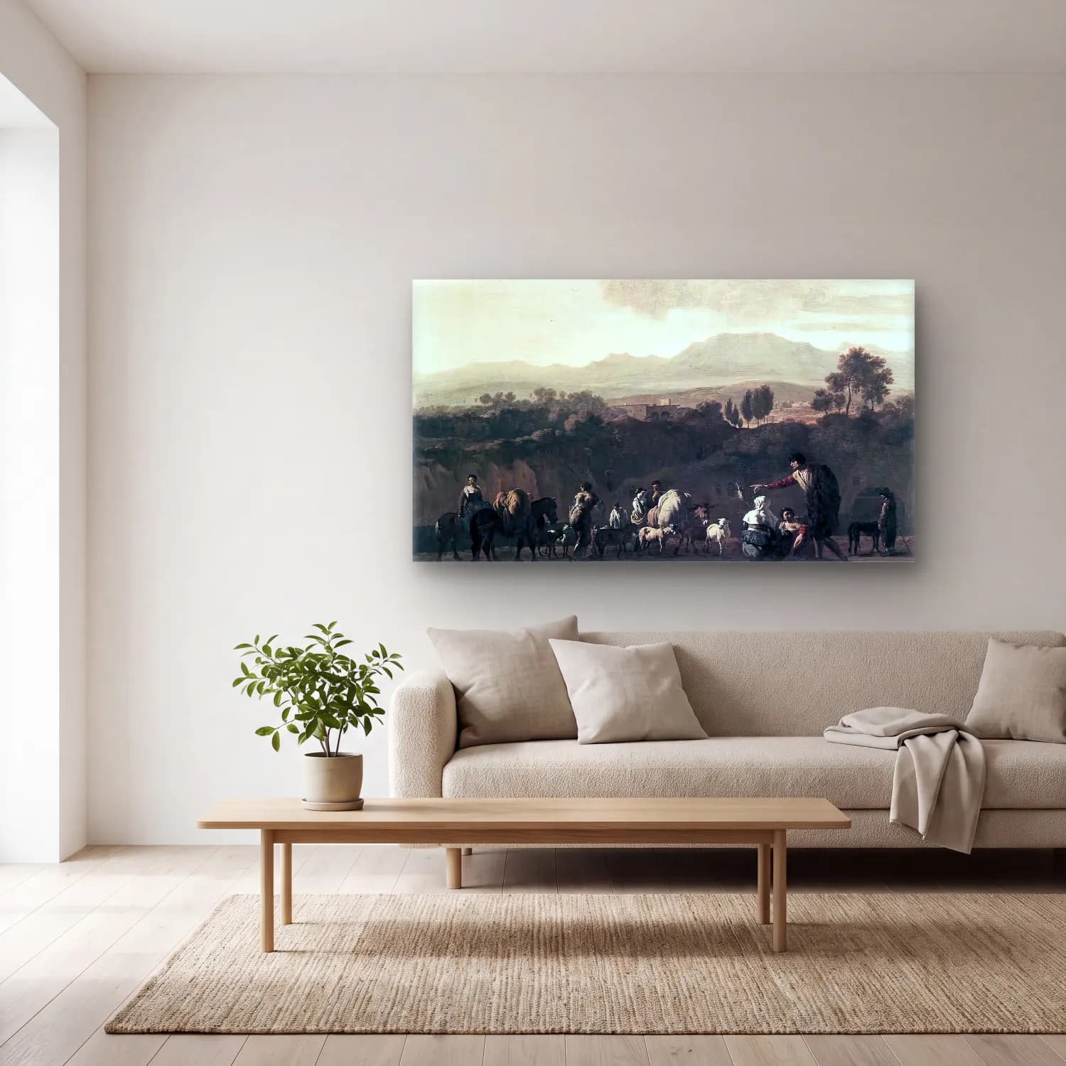 Karel Dujardin – Landscape in the Roman Campagna cam tablo — açık renk salonda