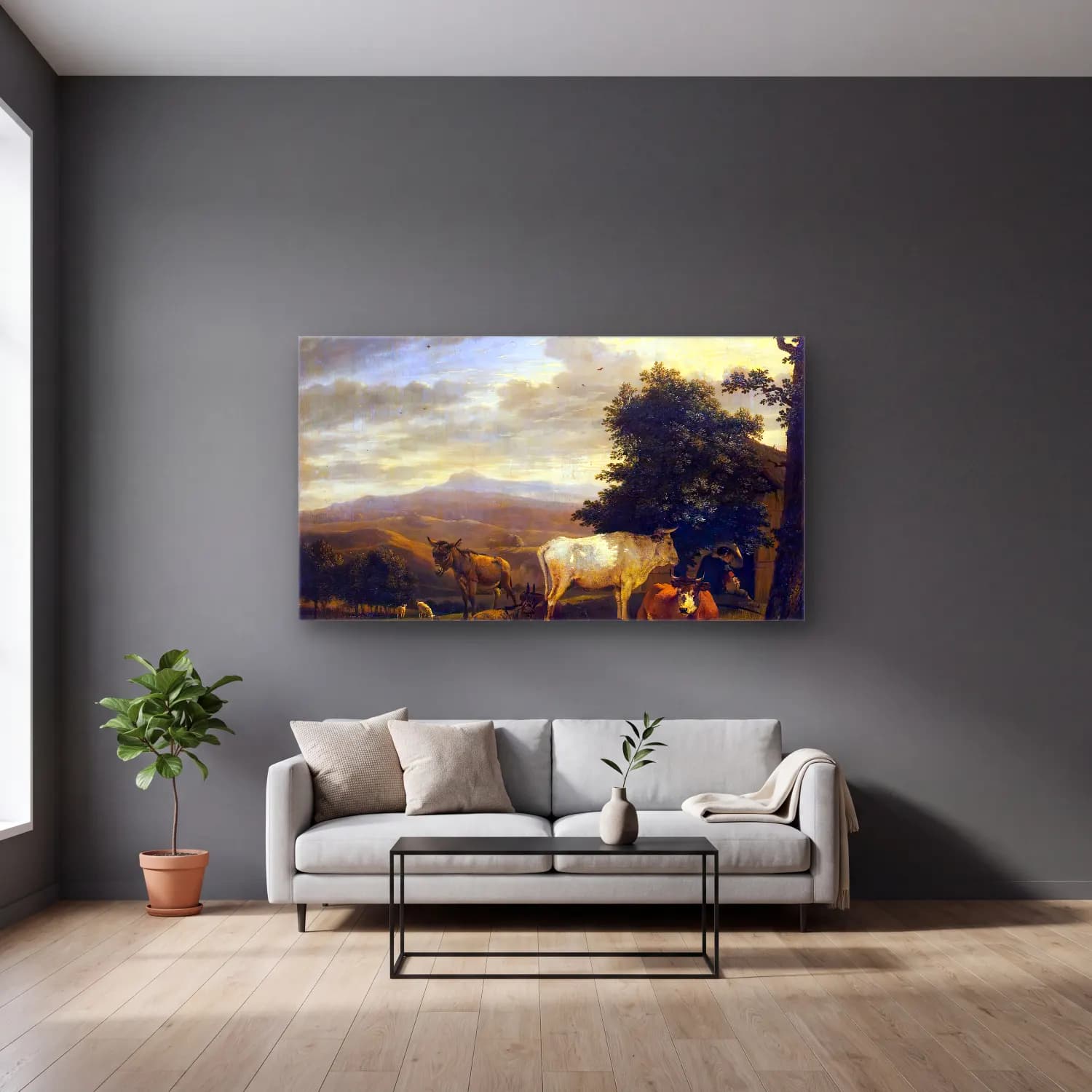 Karel Dujardin – Landscape with Cattle cam tablo — gri duvarlı salonda