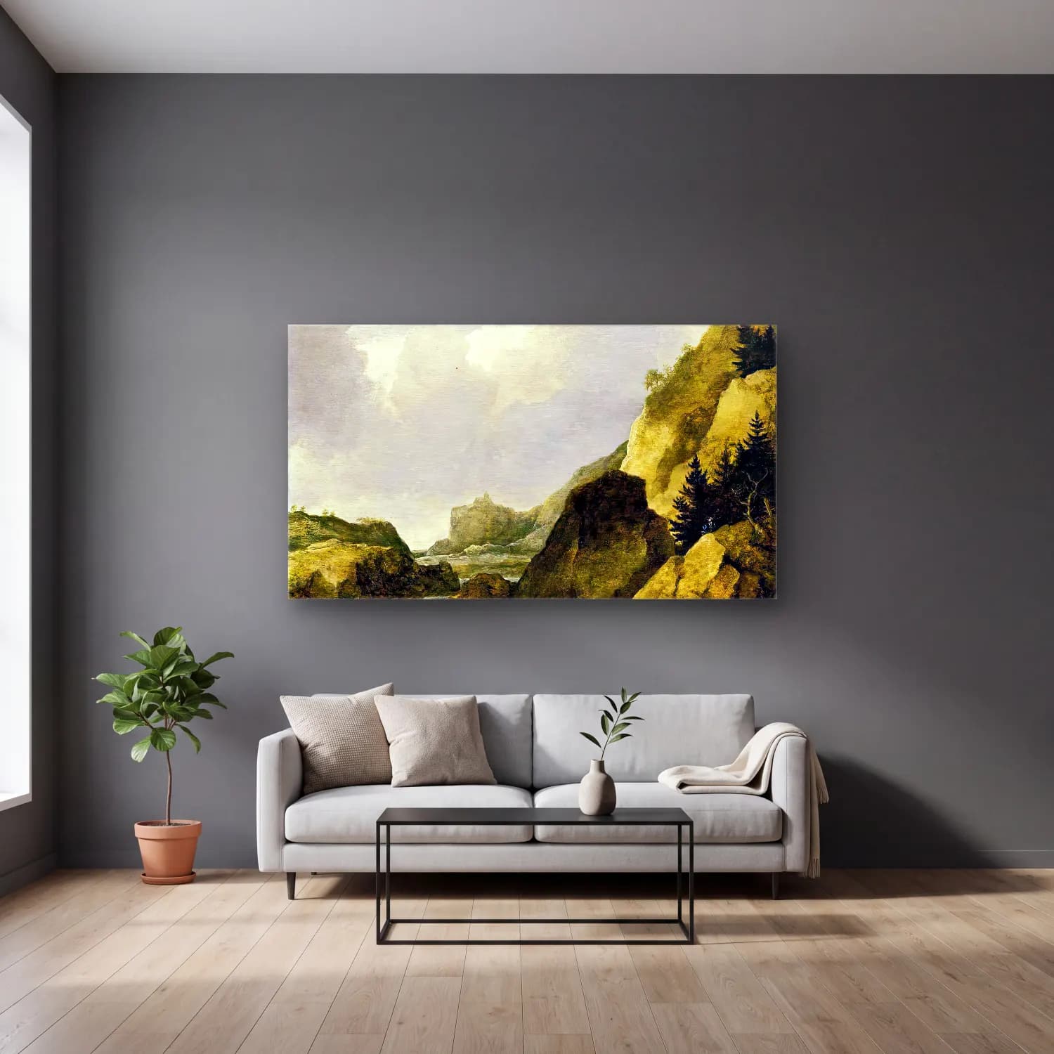 Allaert van Everdingen – Scandinavian Rocky River Landscape cam tablo — gri duvarlı salonda