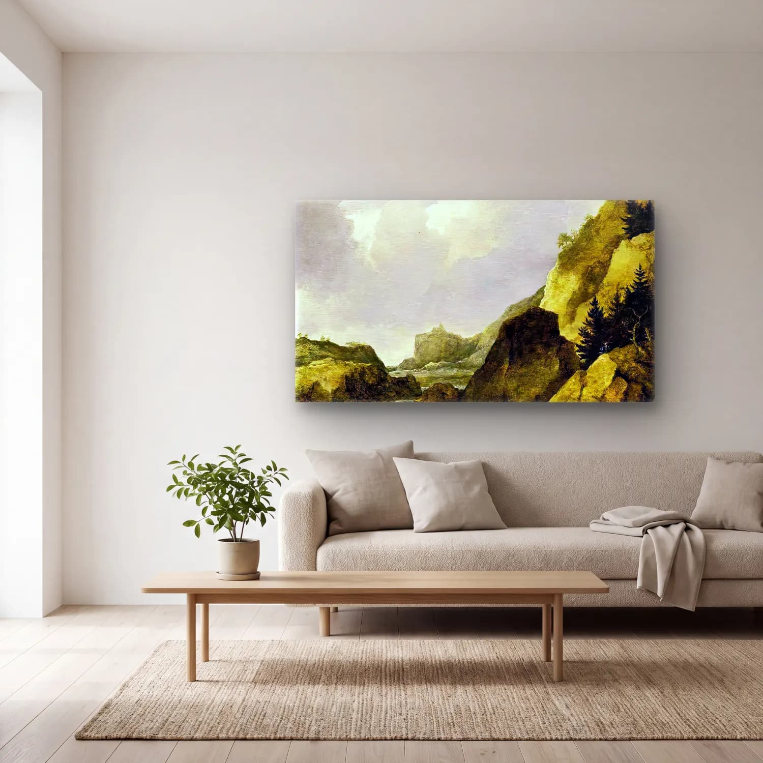 Allaert van Everdingen – Scandinavian Rocky River Landscape cam tablo — açık renk salonda