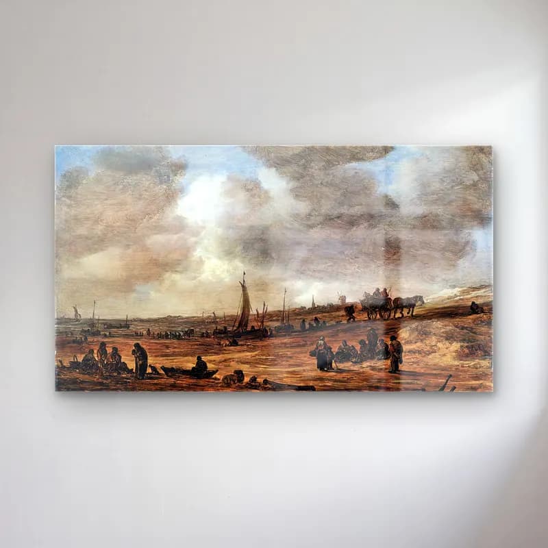 Jan van Goyen – A Beach with Fishing Boats – Bej Tonlar cam tablo — Jan van Goyen – A Beach with Fishing Boats – Bej Tonlar — yağlı boya sahilde i̇nsanlar