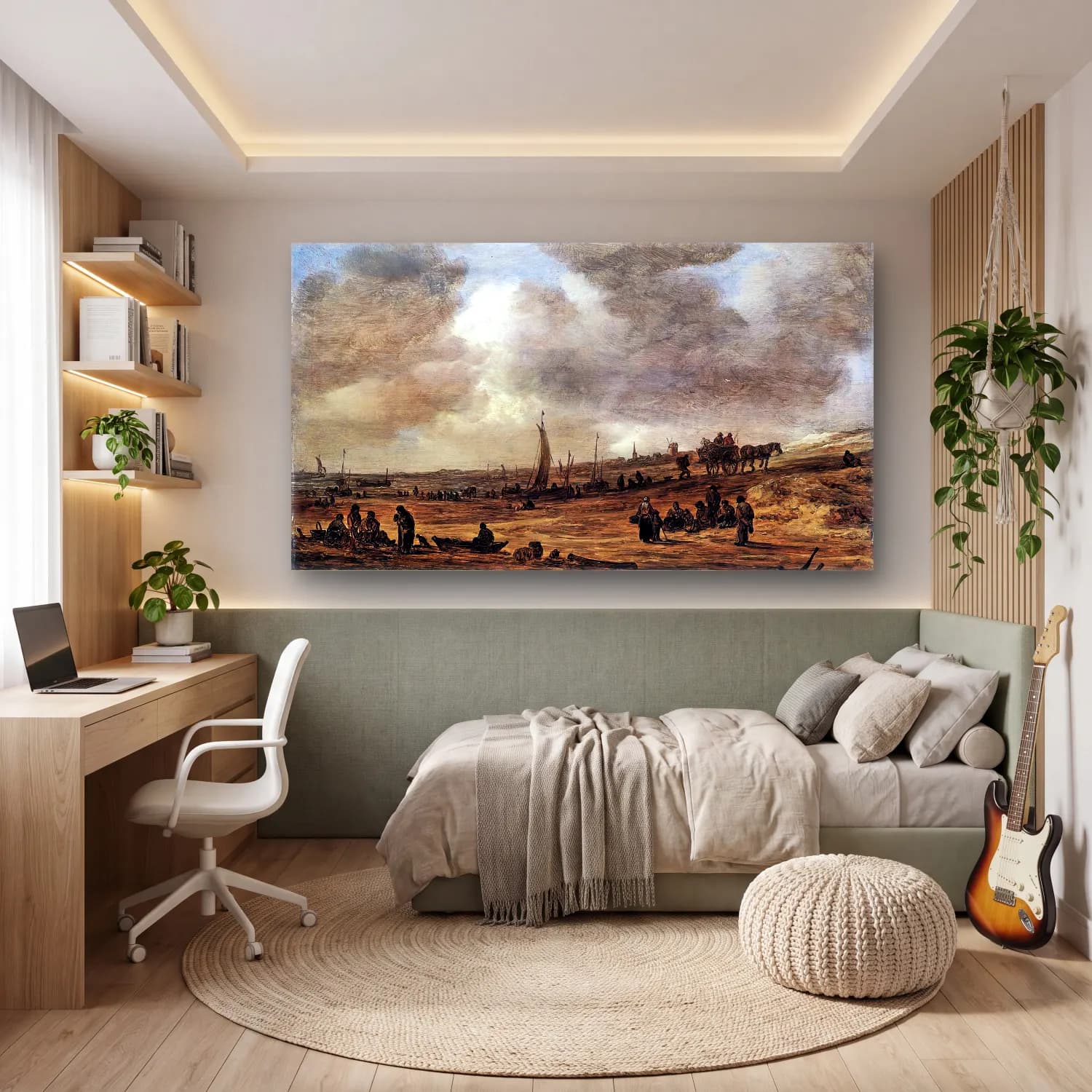 Jan van Goyen – A Beach with Fishing Boats – Bej Tonlar cam tablo — genç odasında