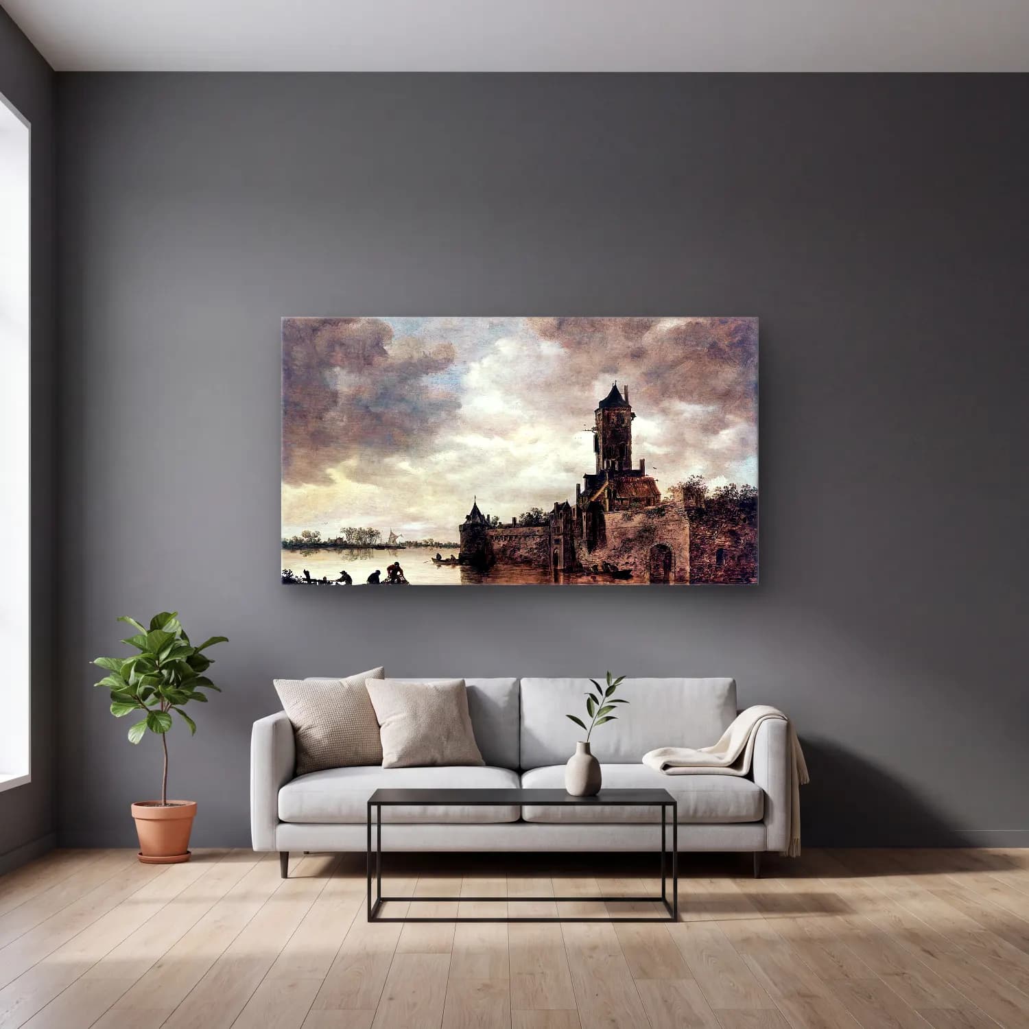 Jan van Goyen – Castle by a River cam tablo — gri duvarlı salonda