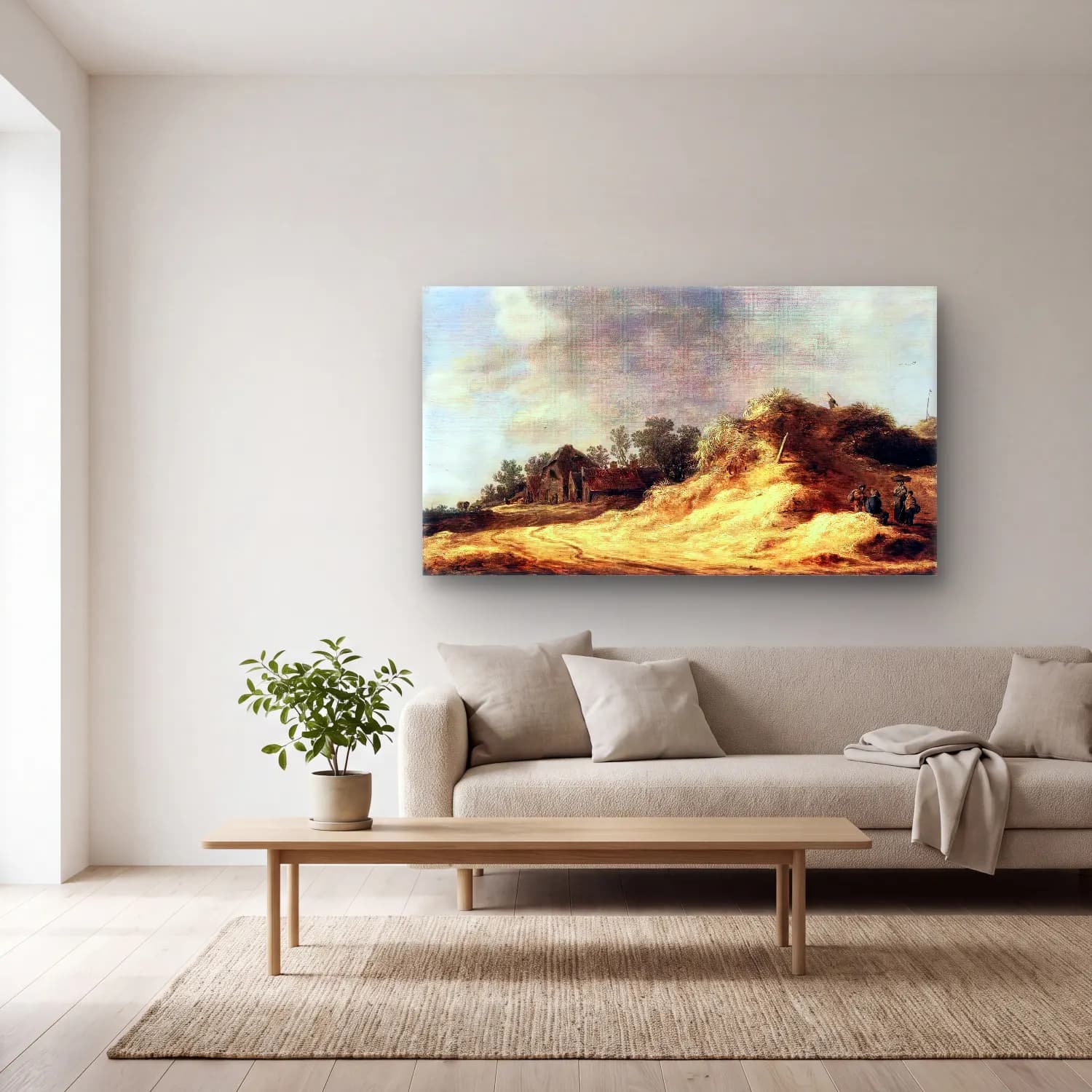 Jan van Goyen – Dunes cam tablo — açık renk salonda