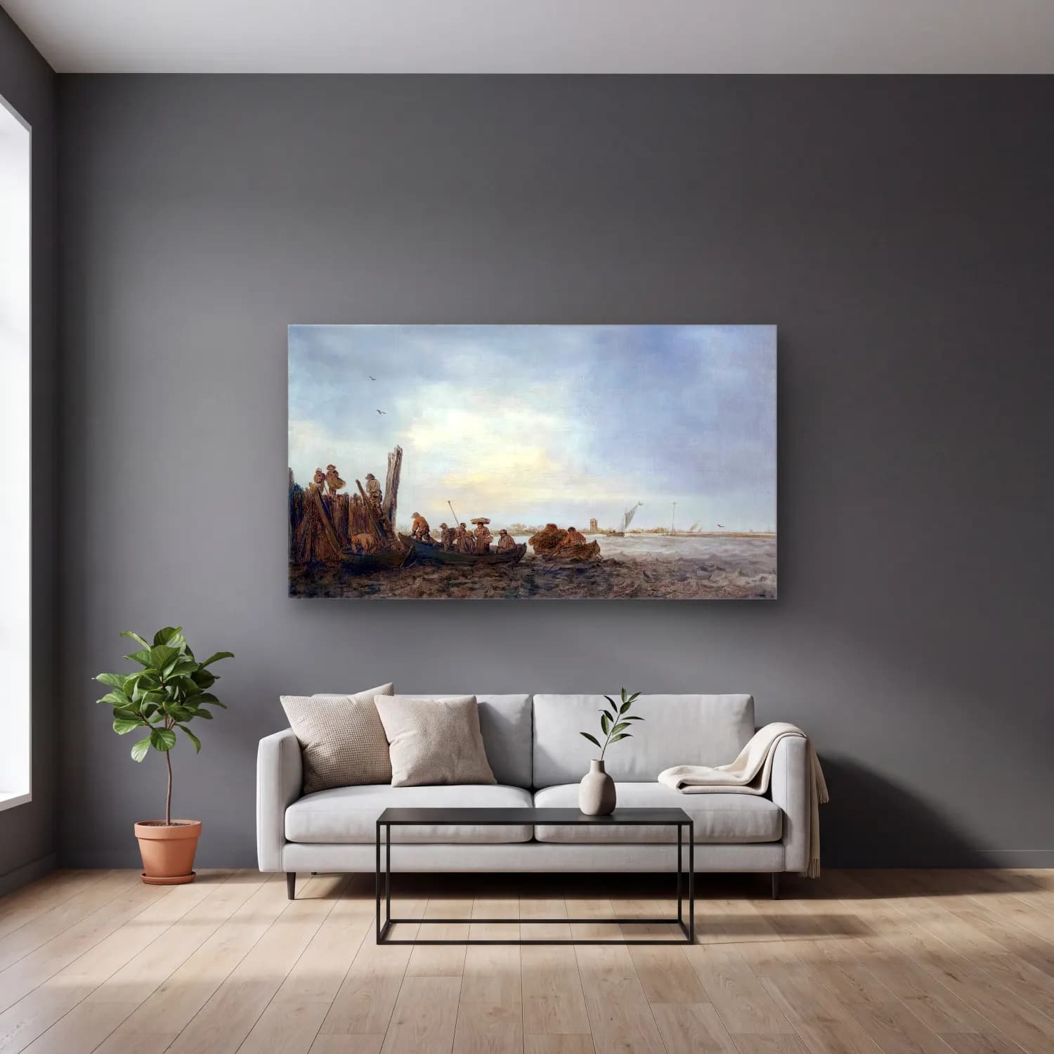Jan van Goyen – Estuary Landscape cam tablo — gri duvarlı salonda