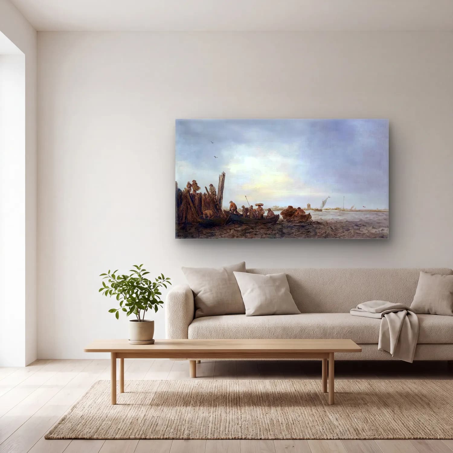 Jan van Goyen – Estuary Landscape cam tablo — açık renk salonda