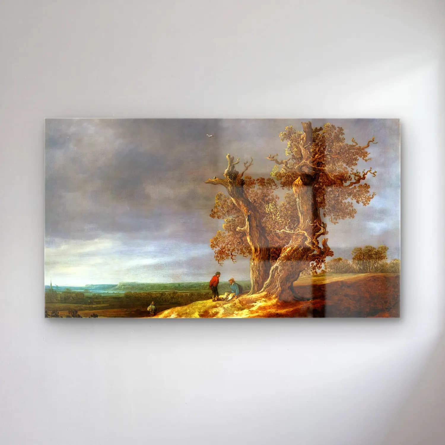 Jan van Goyen – Landscape with Two Oaks – Sarı Tonlar cam tablo — Jan van Goyen – Landscape with Two Oaks – Sarı Tonlar — yağlı boya yalnız ağaç