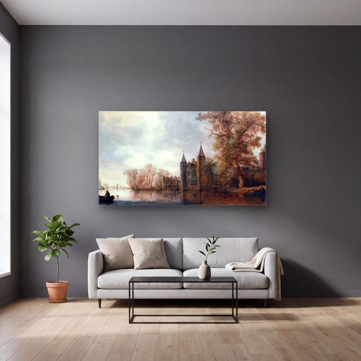 Jan van Goyen – River Landscape with a Medieval Fortification cam tablo — gri duvarlı salonda
