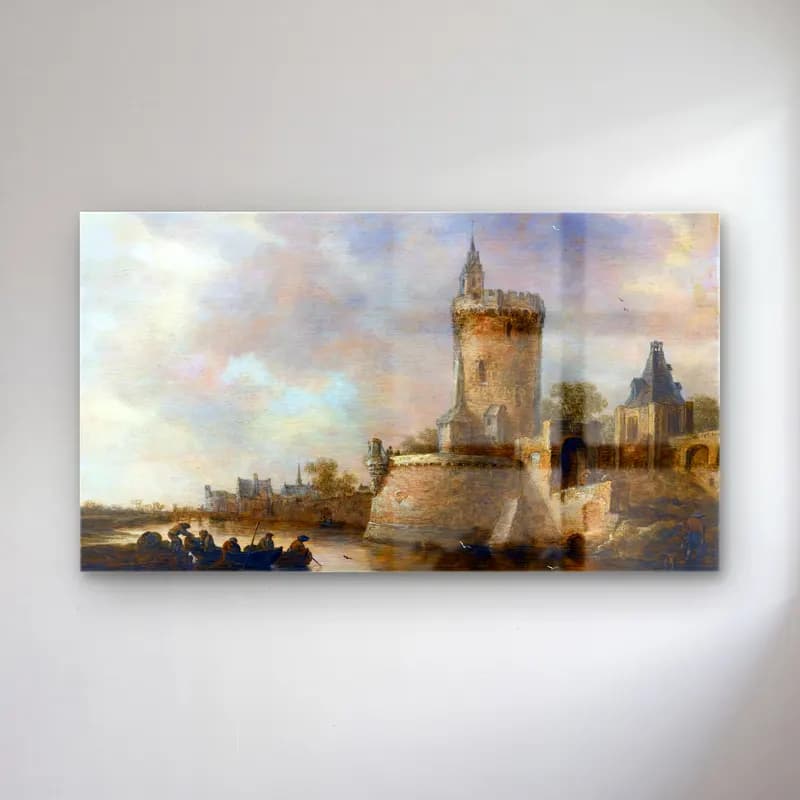 Jan van Goyen – River Landscape with a Town and Fortified Tower cam tablo — Jan van Goyen – River Landscape with a Town and Fortified Tower — yağlı boya şato