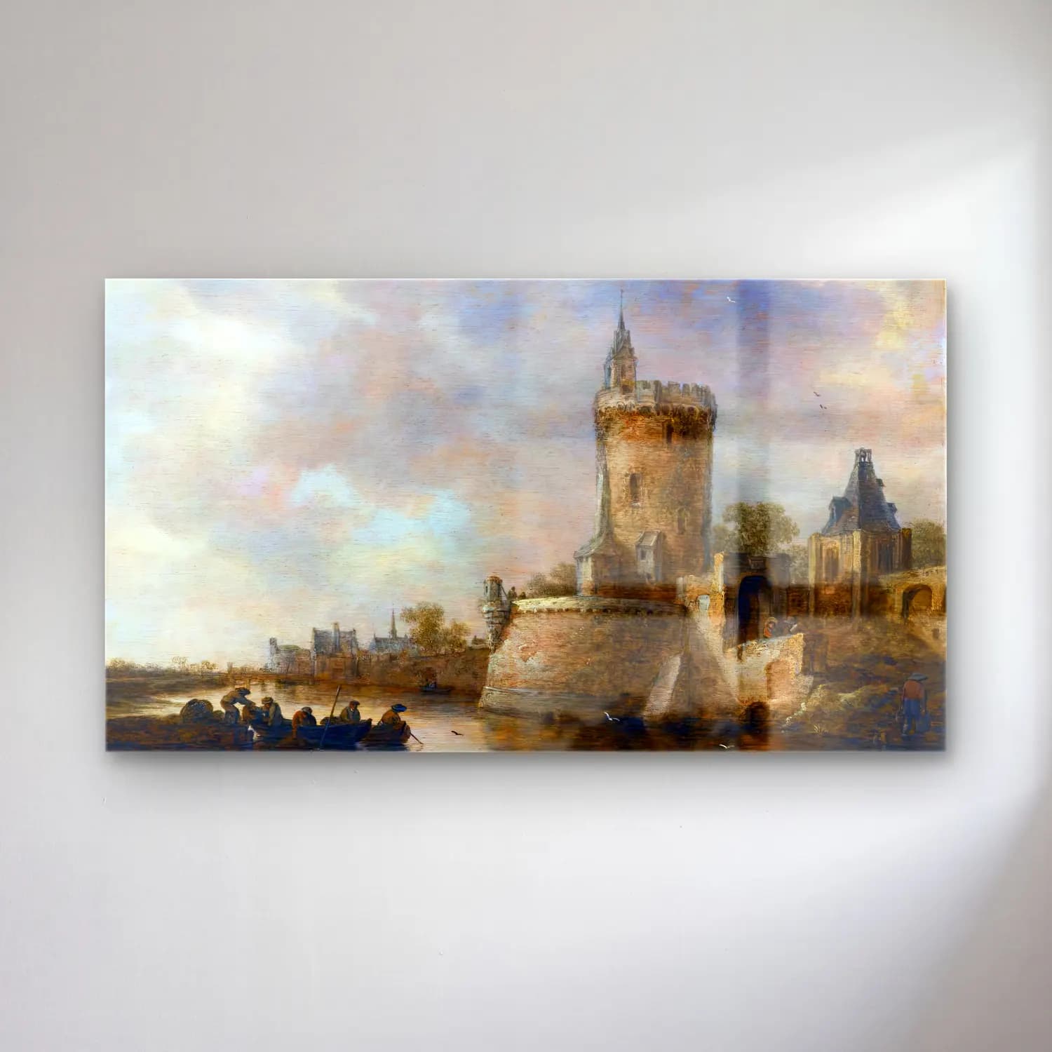 Jan van Goyen – River Landscape with a Town and Fortified Tower cam tablo — Jan van Goyen – River Landscape with a Town and Fortified Tower — yağlı boya şato
