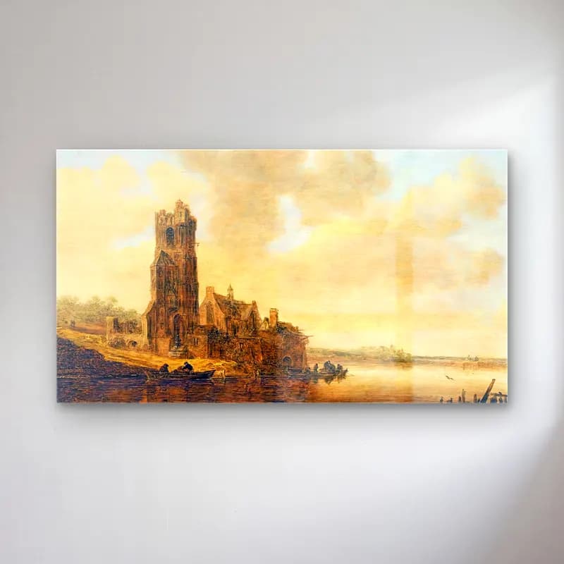 Jan van Goyen – River View with Church at Warmond cam tablo — Jan van Goyen – River View with Church at Warmond — yağlı boya katedral
