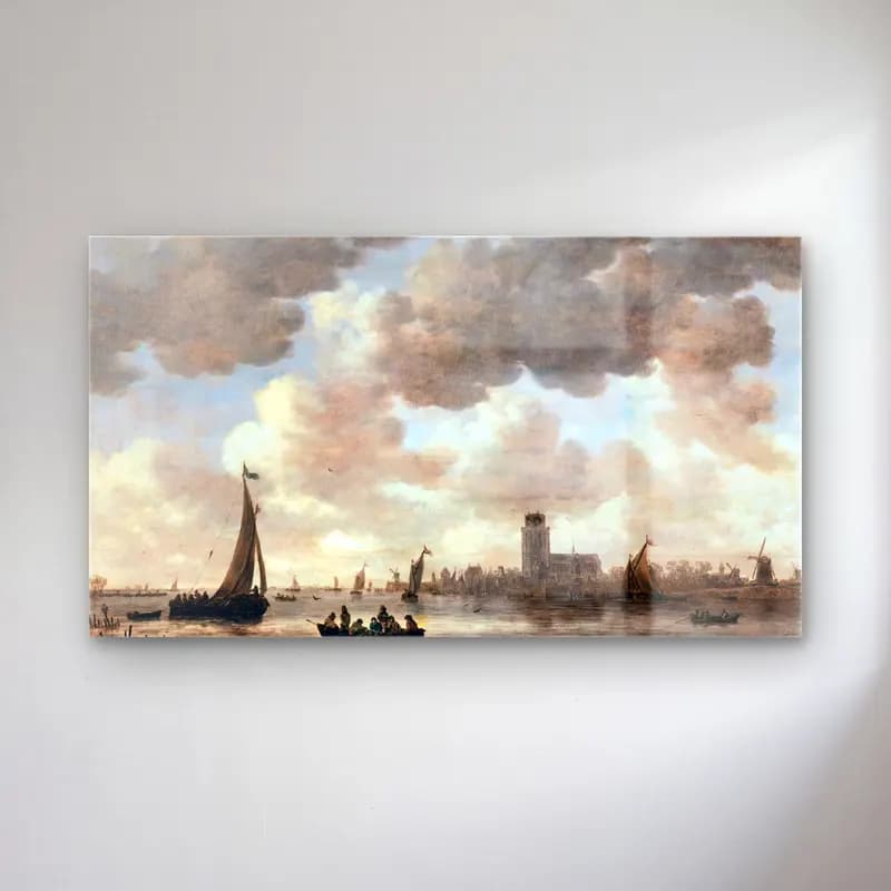 Jan van Goyen – The Meuse at Dordrecht with the Groote Kerk cam tablo — Jan van Goyen – The Meuse at Dordrecht with the Groote Kerk — yağlı boya liman ve tekneler