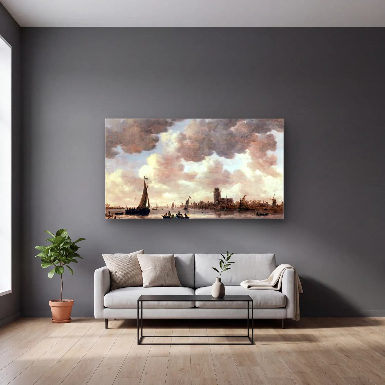 Jan van Goyen – The Meuse at Dordrecht with the Groote Kerk cam tablo — gri duvarlı salonda