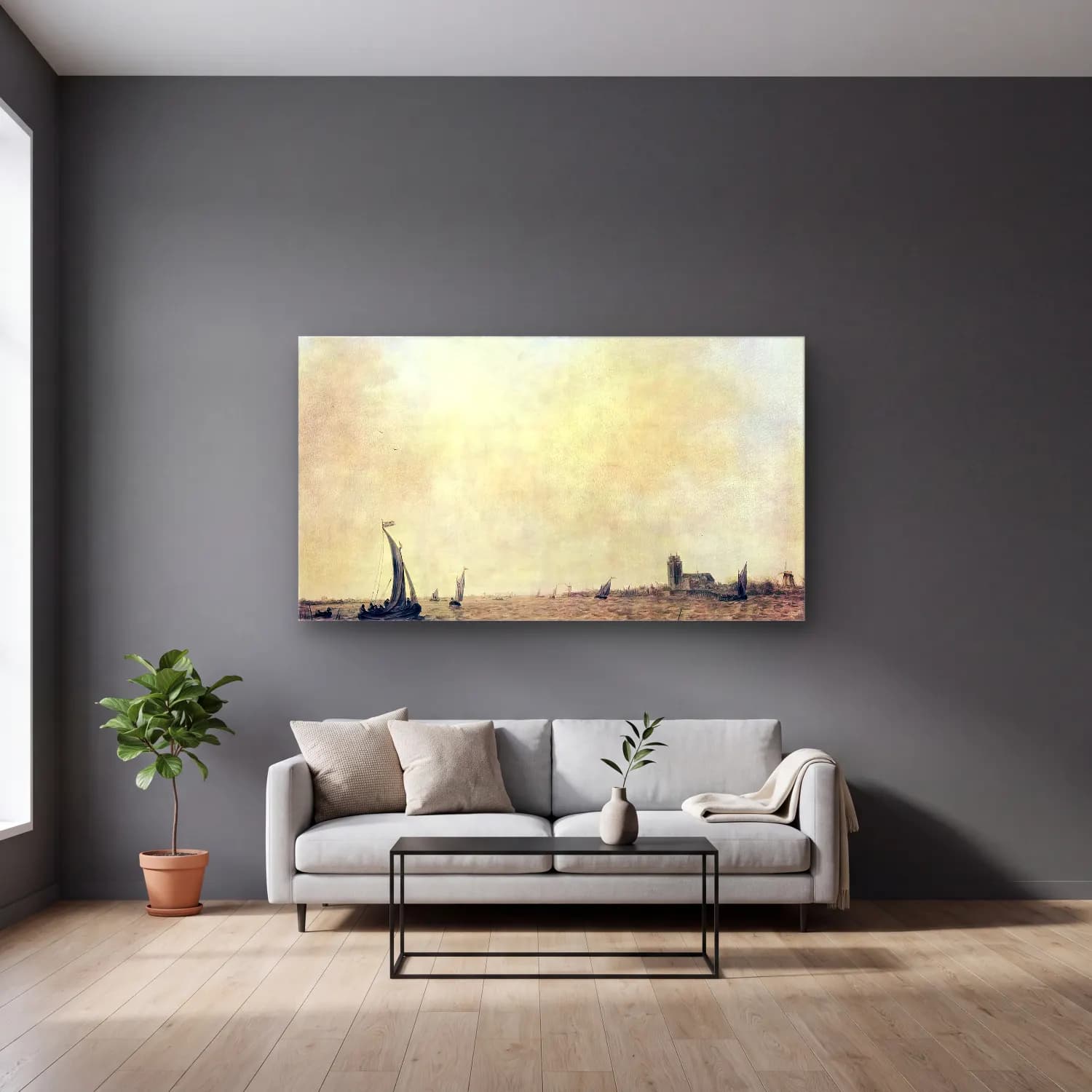 Jan van Goyen – View of Dordrecht from the Oude Maas cam tablo — gri duvarlı salonda