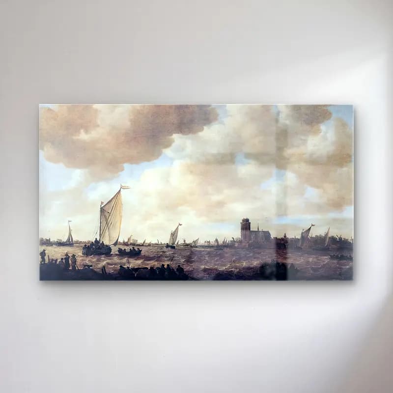 Jan van Goyen – View of Dordrecht – Bej Tonlar cam tablo — Jan van Goyen – View of Dordrecht – Bej Tonlar — yağlı boya liman ve tekneler