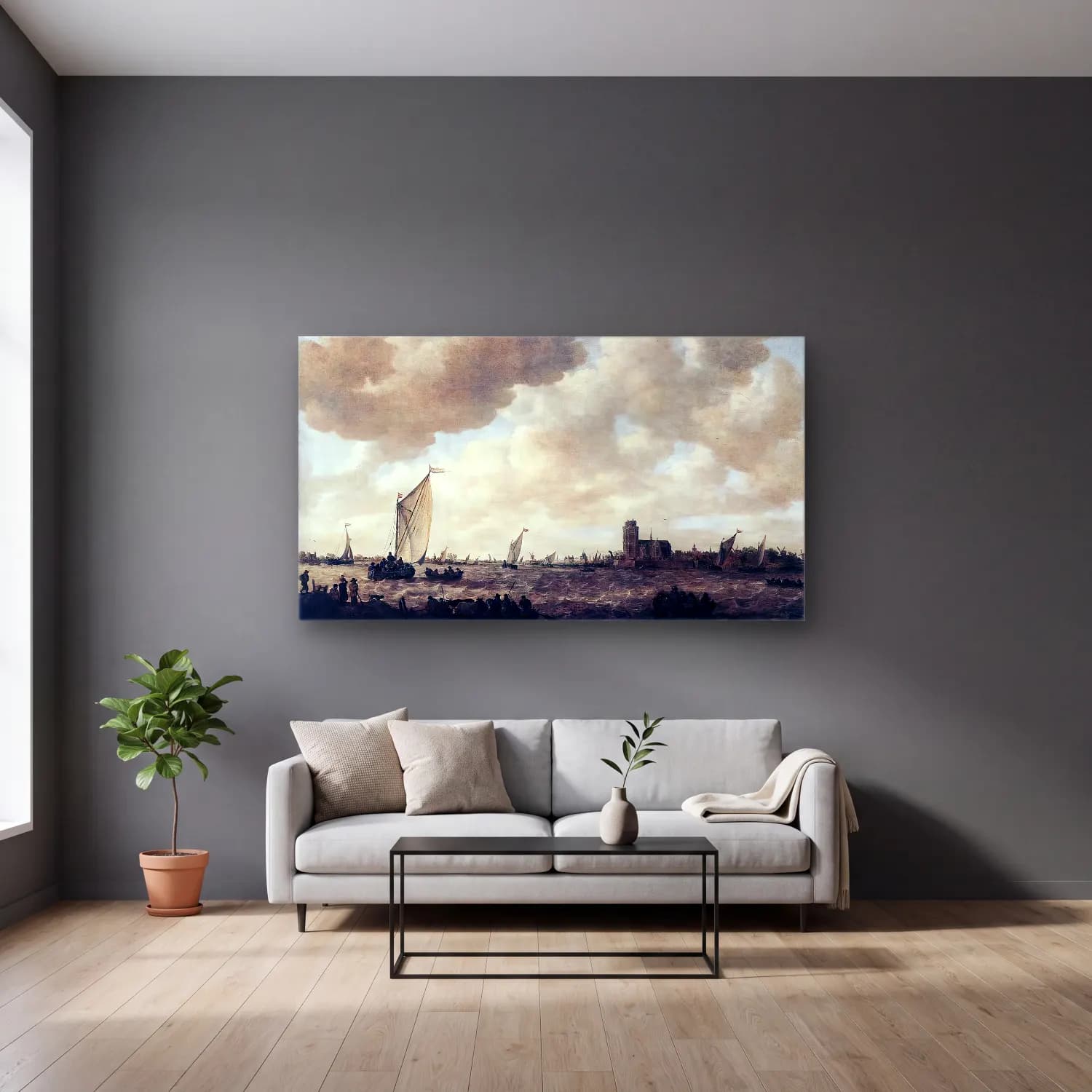 Jan van Goyen – View of Dordrecht – Bej Tonlar cam tablo — gri duvarlı salonda