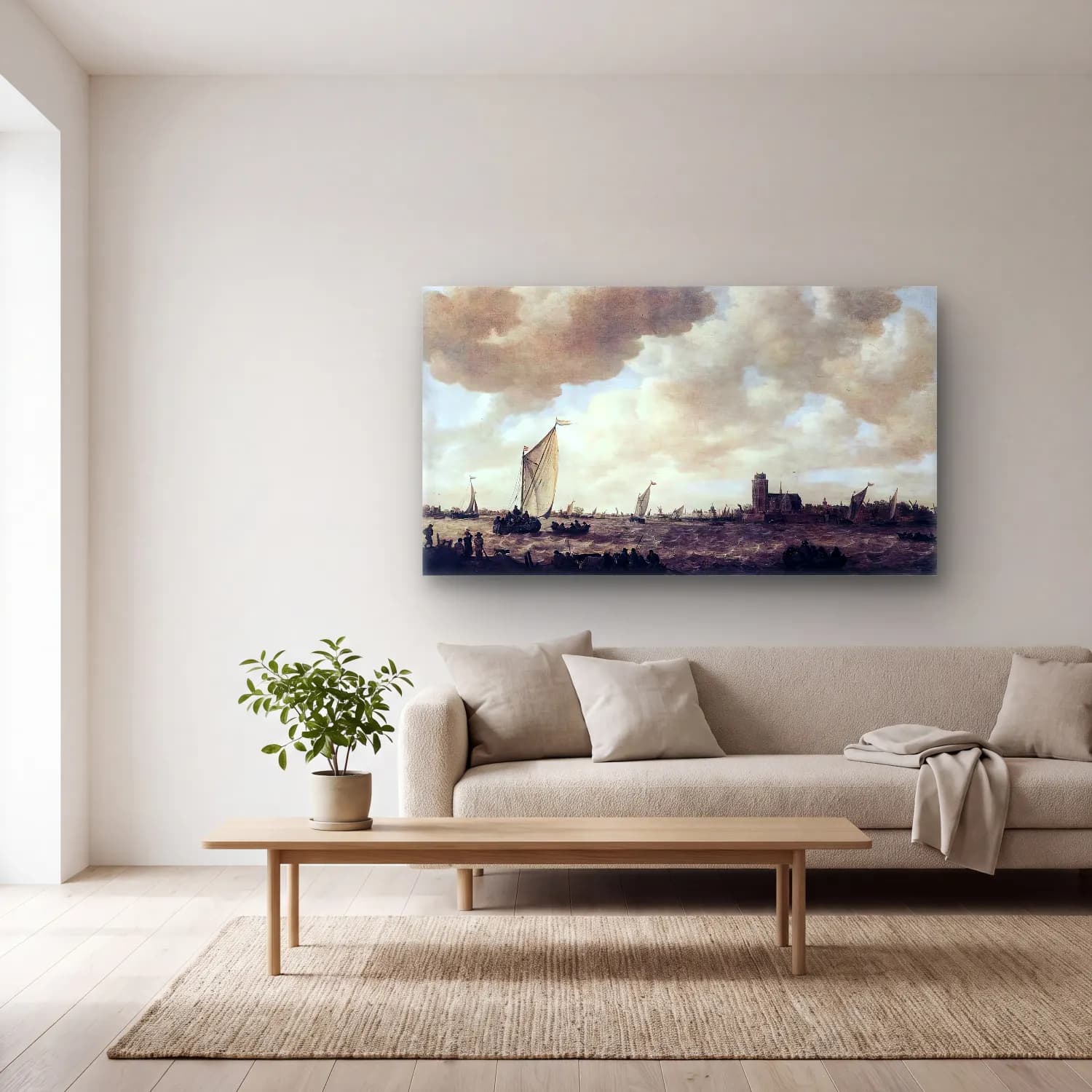 Jan van Goyen – View of Dordrecht – Bej Tonlar cam tablo — açık renk salonda