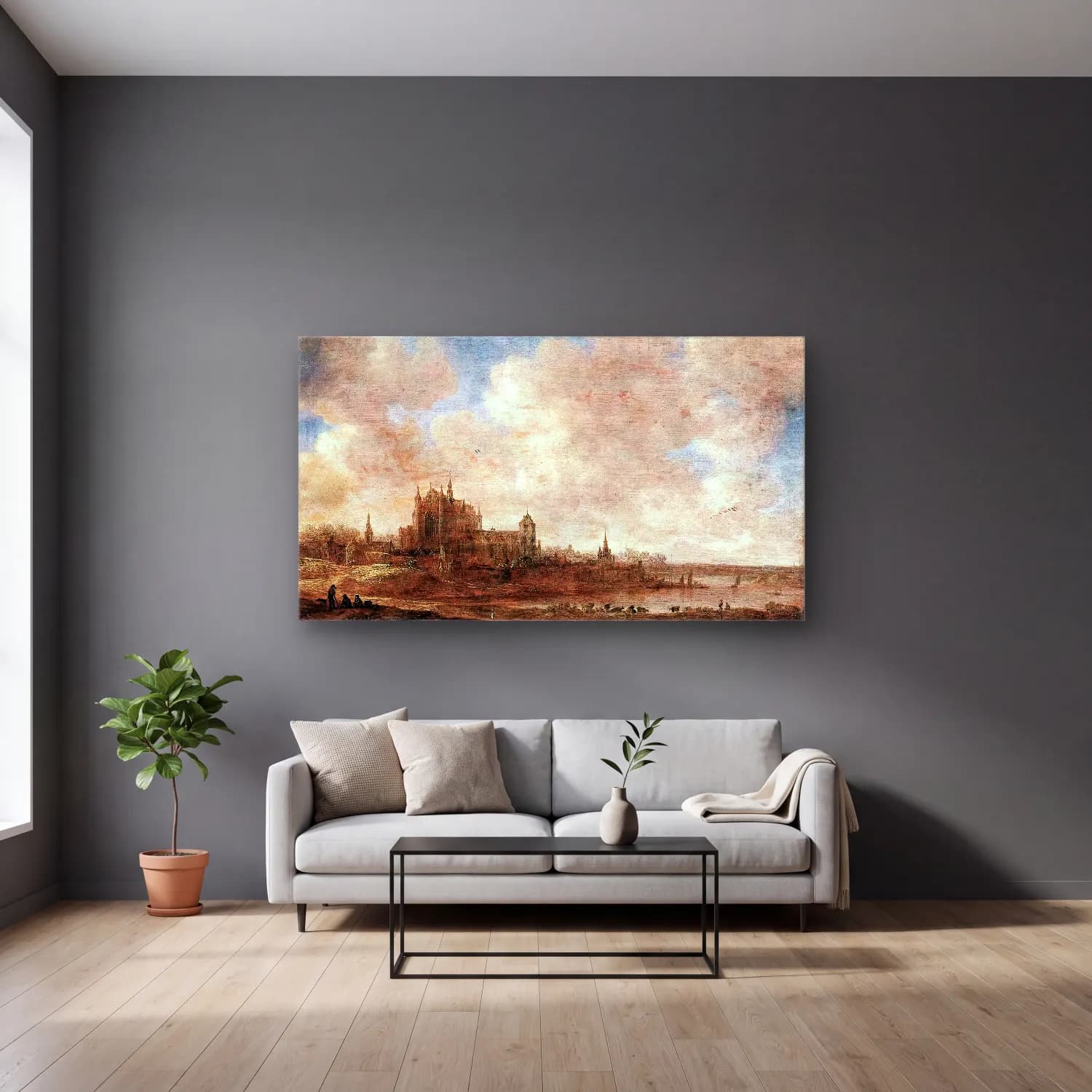 Jan van Goyen – View of Leiden cam tablo — gri duvarlı salonda