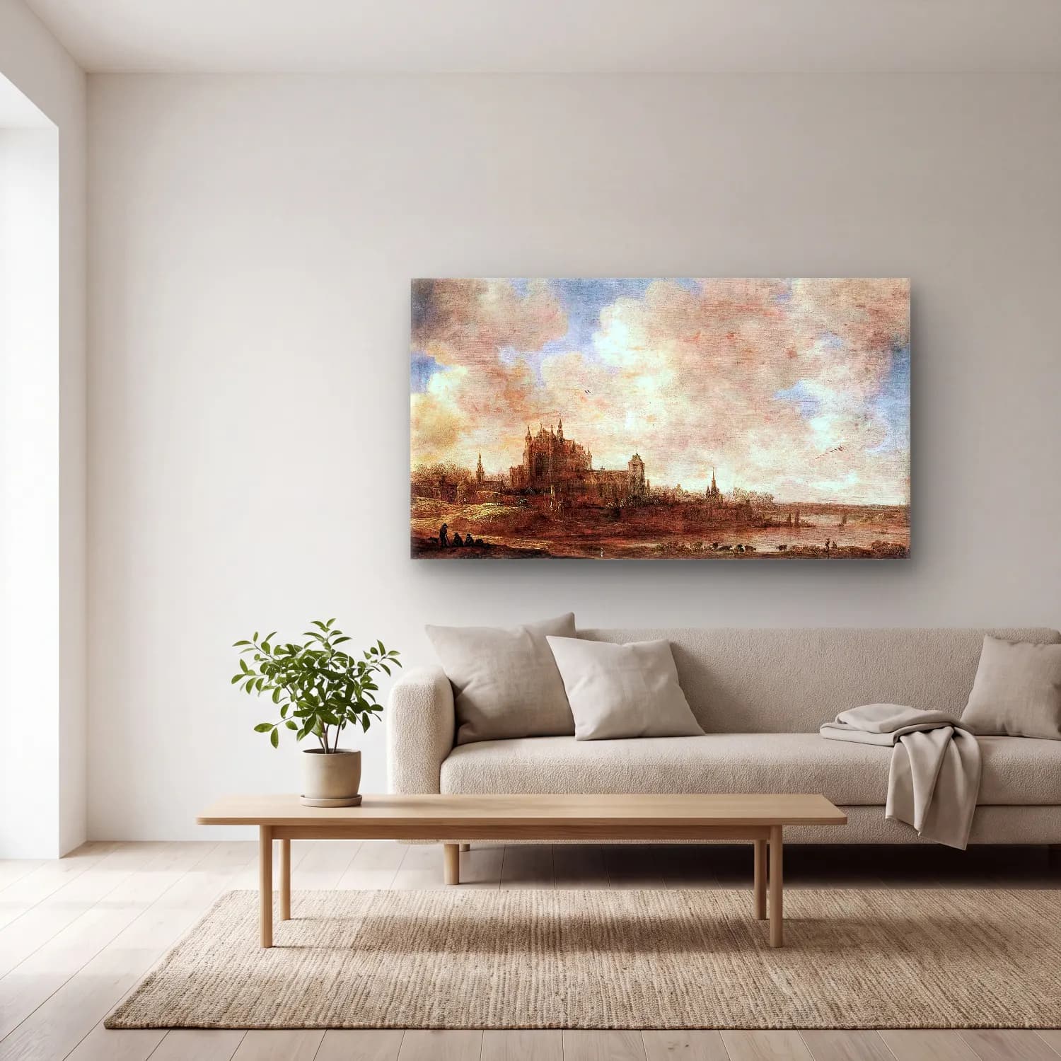 Jan van Goyen – View of Leiden cam tablo — açık renk salonda