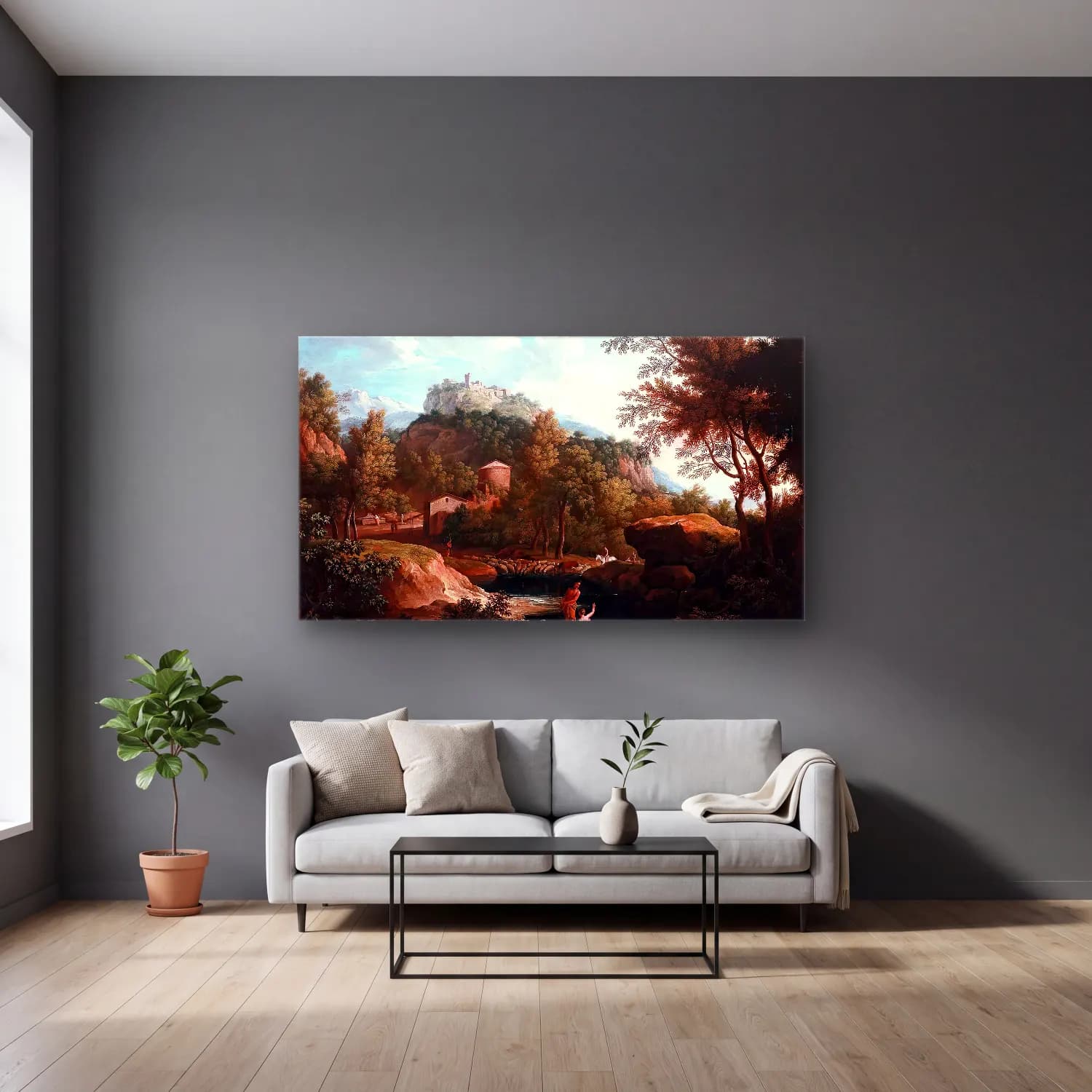 Jacob de Heusch – Italian Landscape cam tablo — gri duvarlı salonda