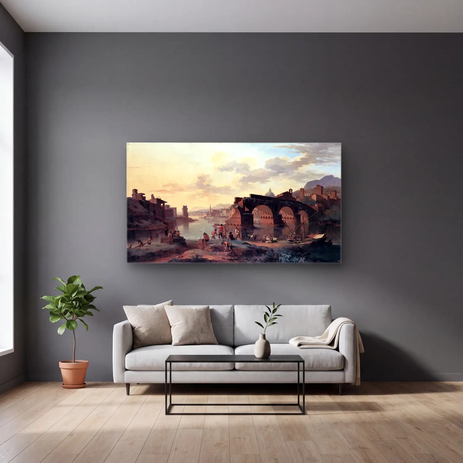 Jacob de Heusch – River View with the Ponte Rotto cam tablo — gri duvarlı salonda