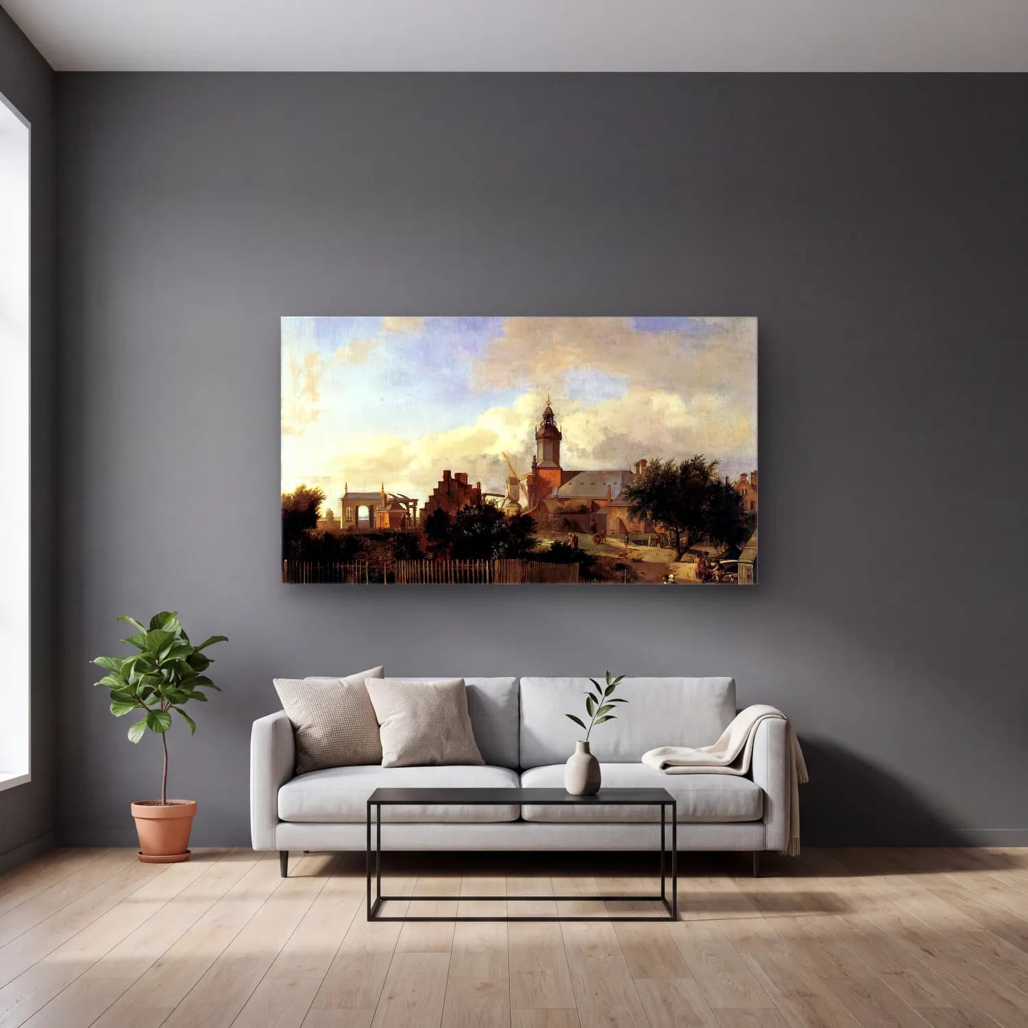 Jan van der Heyden – Amsterdam Street before Haarlem Tower cam tablo — gri duvarlı salonda