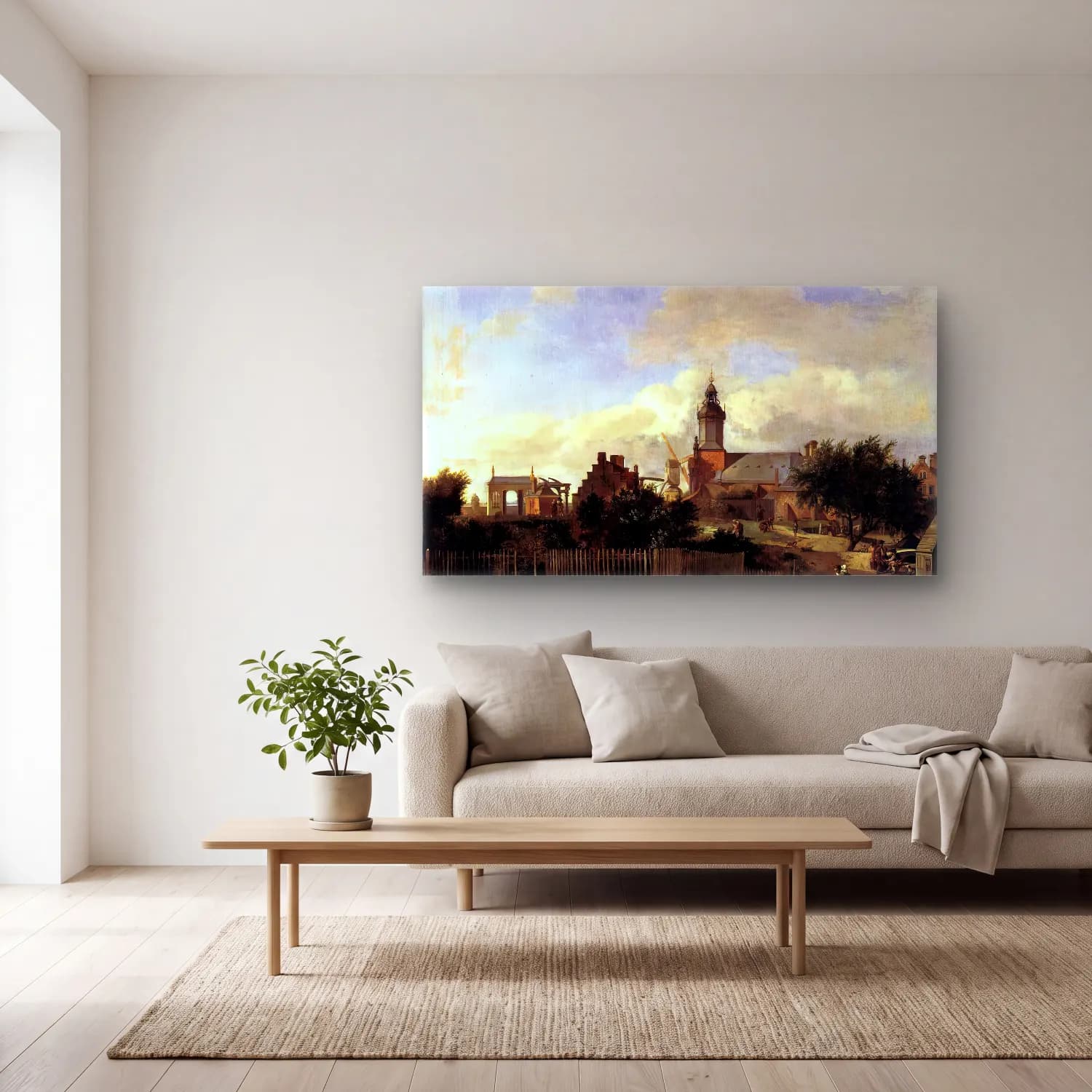 Jan van der Heyden – Amsterdam Street before Haarlem Tower cam tablo — açık renk salonda