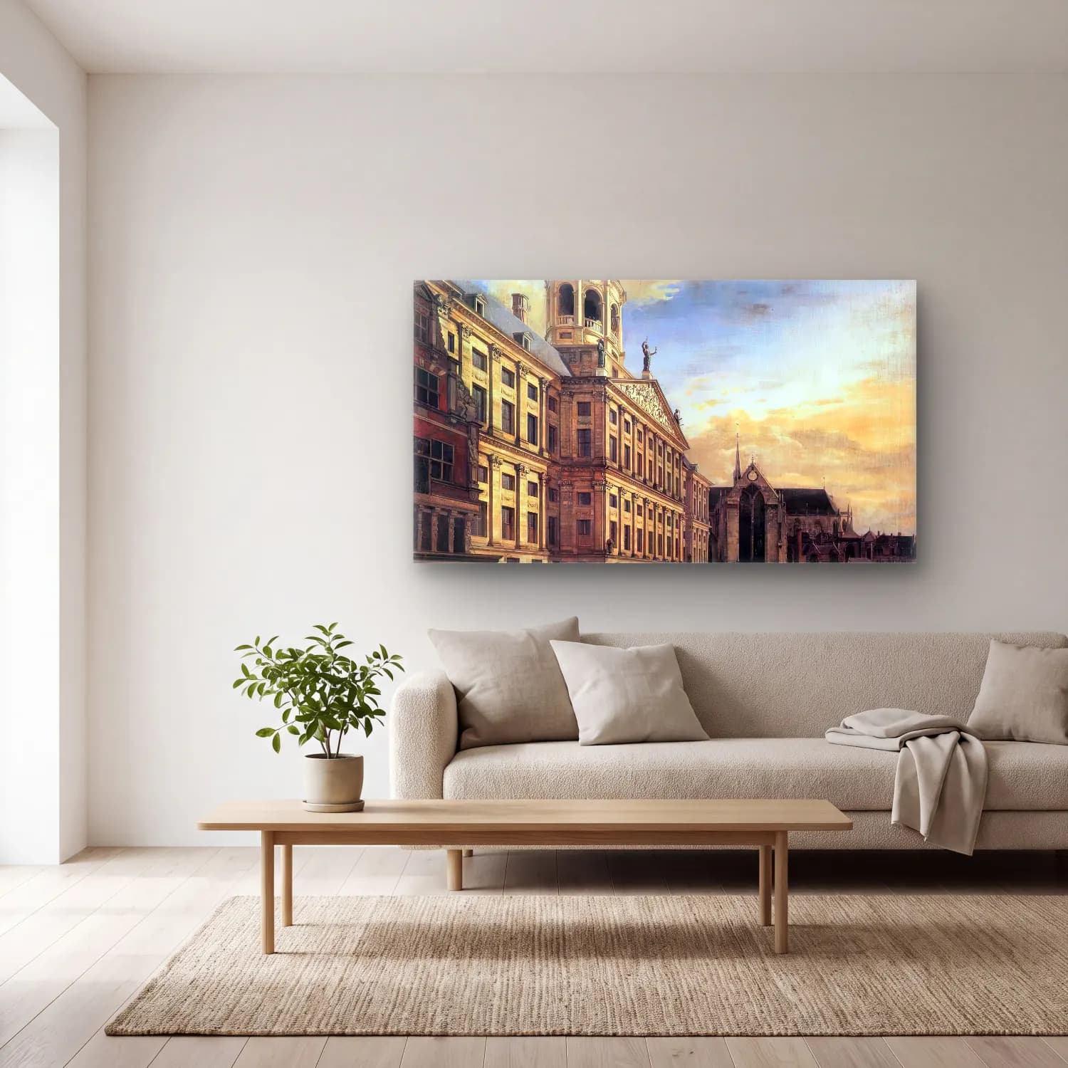 Jan van der Heyden – Amsterdam, Dam Square with the Town Hall and the Nieuwe Kerk cam tablo — açık renk salonda