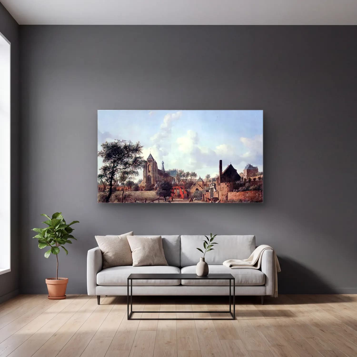 Jan van der Heyden – Approach to the Town of Veere cam tablo — gri duvarlı salonda