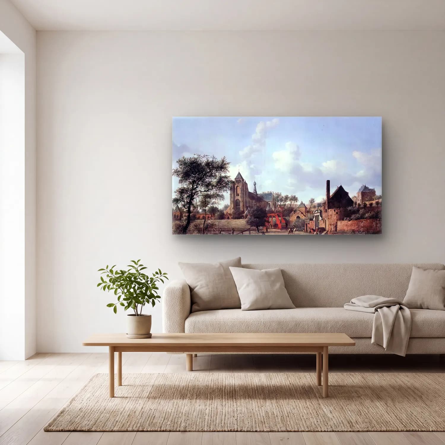 Jan van der Heyden – Approach to the Town of Veere cam tablo — açık renk salonda