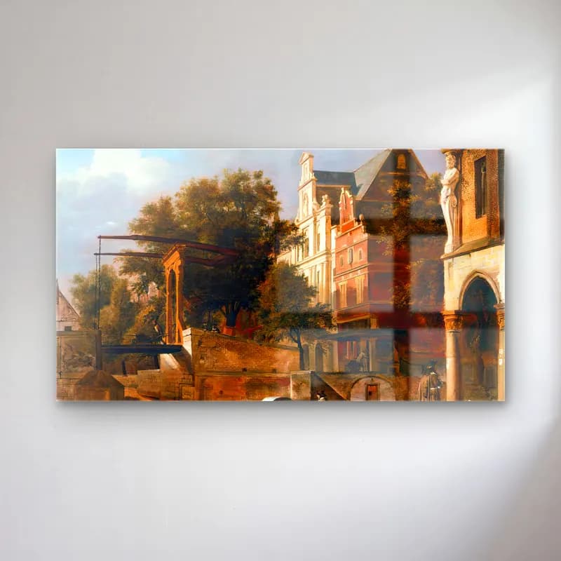 Jan van der Heyden – The Drawbridge – Bej Tonlar cam tablo — Jan van der Heyden – The Drawbridge – Bej Tonlar — yağlı boya kafeli avrupa sokağı
