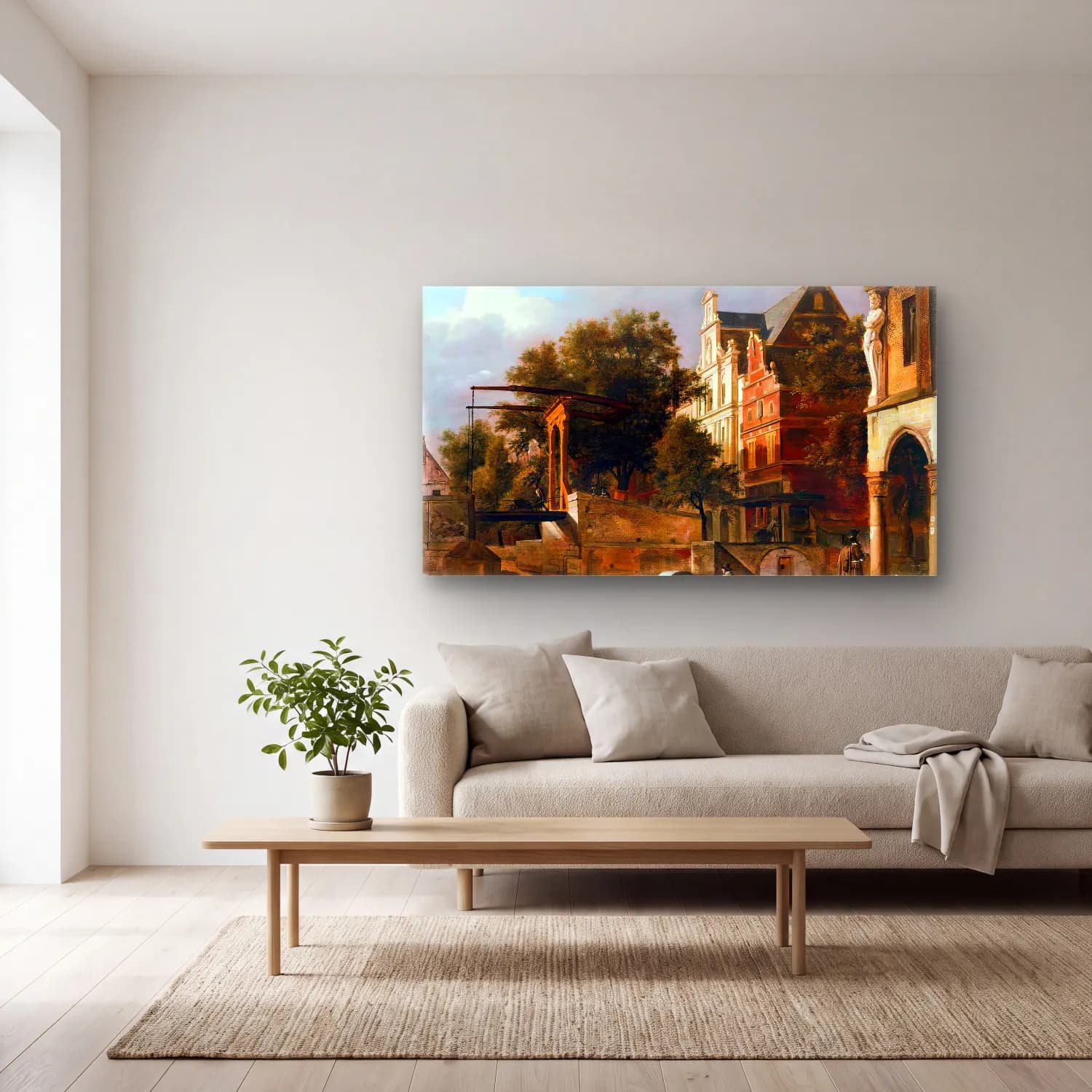 Jan van der Heyden – The Drawbridge – Bej Tonlar cam tablo — açık renk salonda