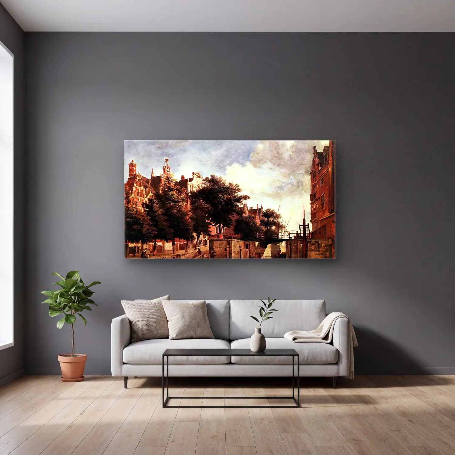 Jan van der Heyden – The Martelaarsgracht in Amsterdam cam tablo — gri duvarlı salonda