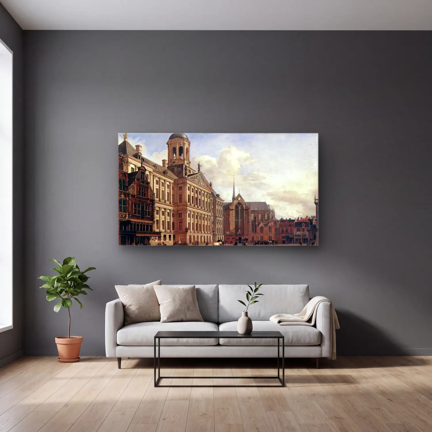 Jan van der Heyden – The New Town Hall in Amsterdam cam tablo — gri duvarlı salonda