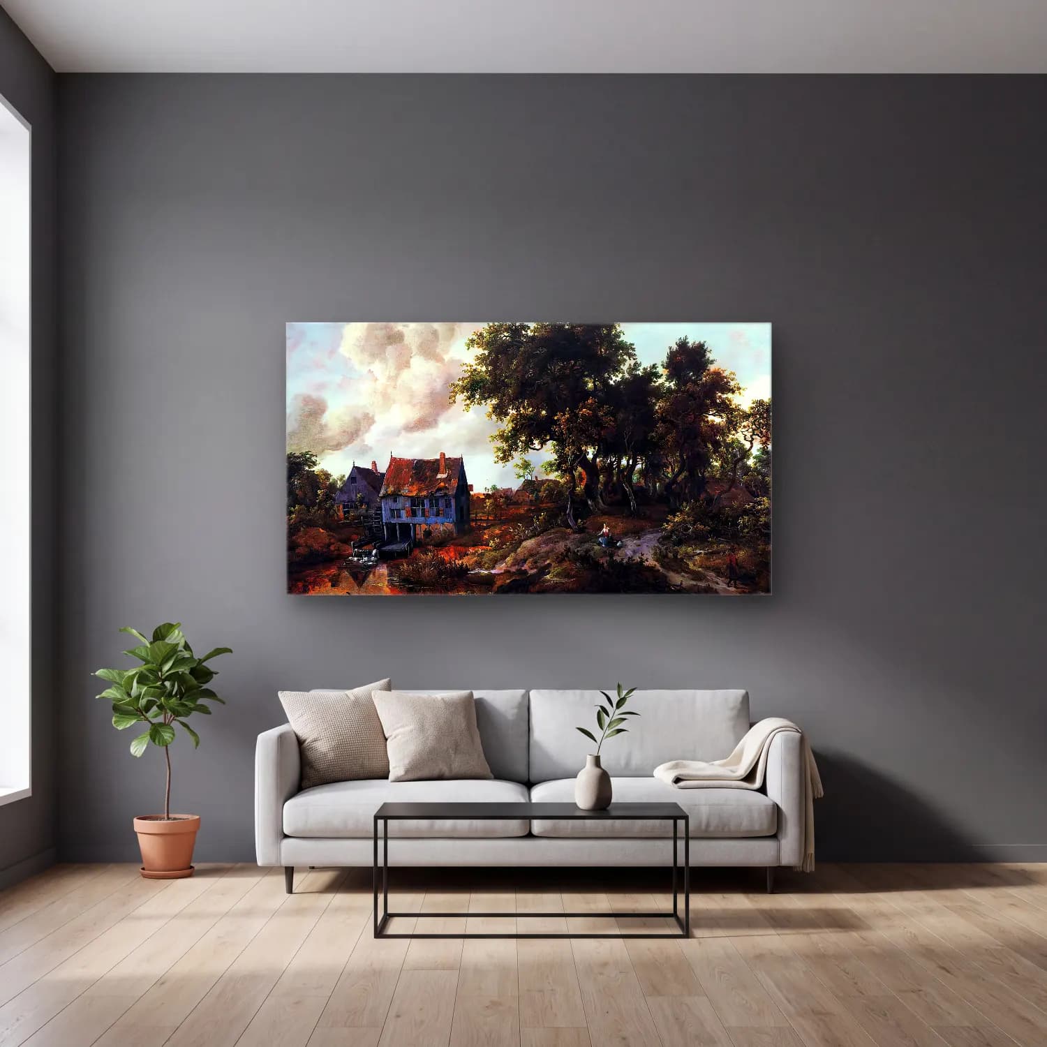 Meyndert Hobbema – A Watermill beside a Woody Lane cam tablo — gri duvarlı salonda