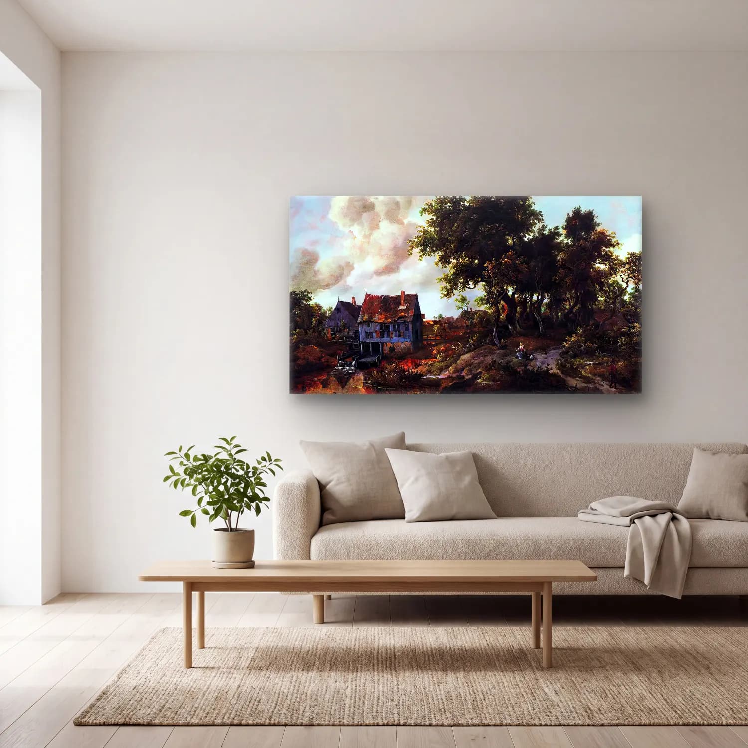 Meyndert Hobbema – A Watermill beside a Woody Lane cam tablo — açık renk salonda