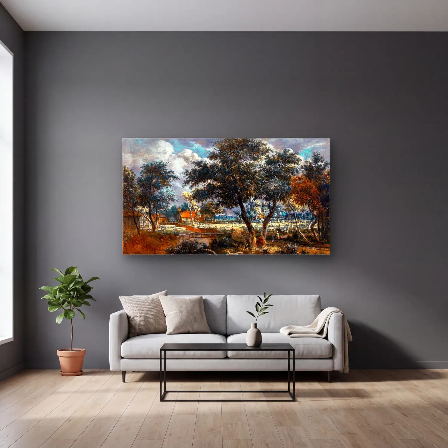 Meyndert Hobbema – A Wooded Landscape with Peasants on a Path and an Angler at… cam tablo — gri duvarlı salonda