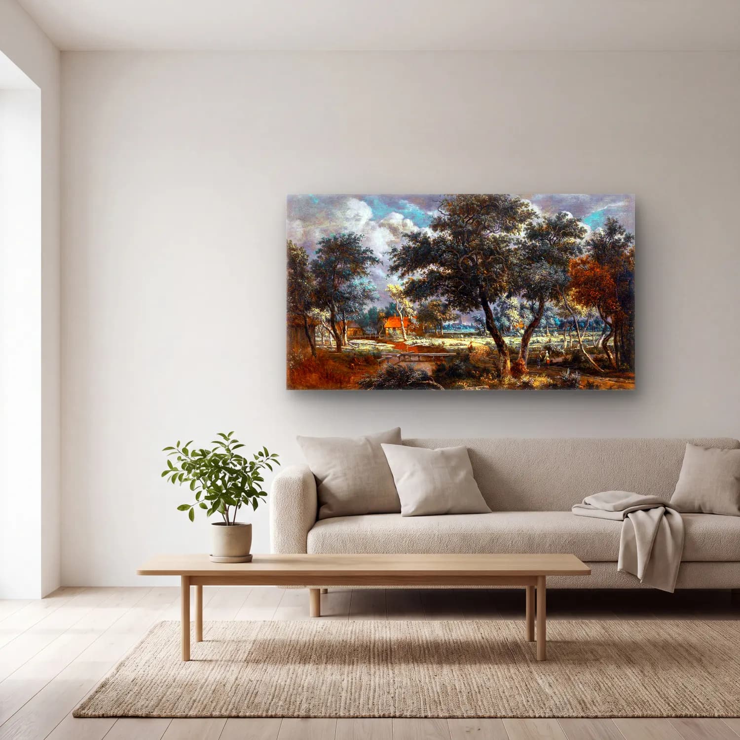 Meyndert Hobbema – A Wooded Landscape with Peasants on a Path and an Angler at… cam tablo — açık renk salonda