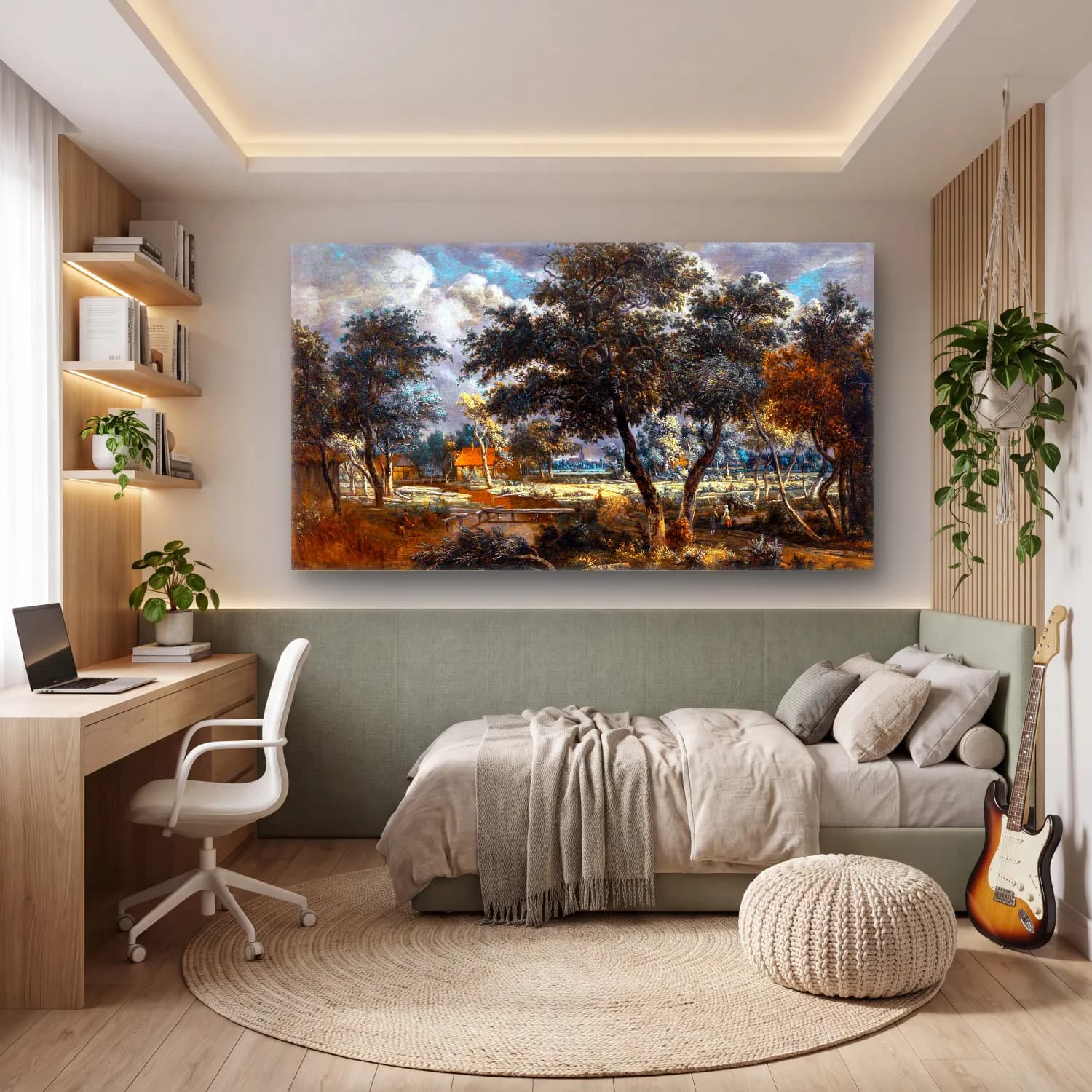 Meyndert Hobbema – A Wooded Landscape with Peasants on a Path and an Angler at… cam tablo — genç odasında