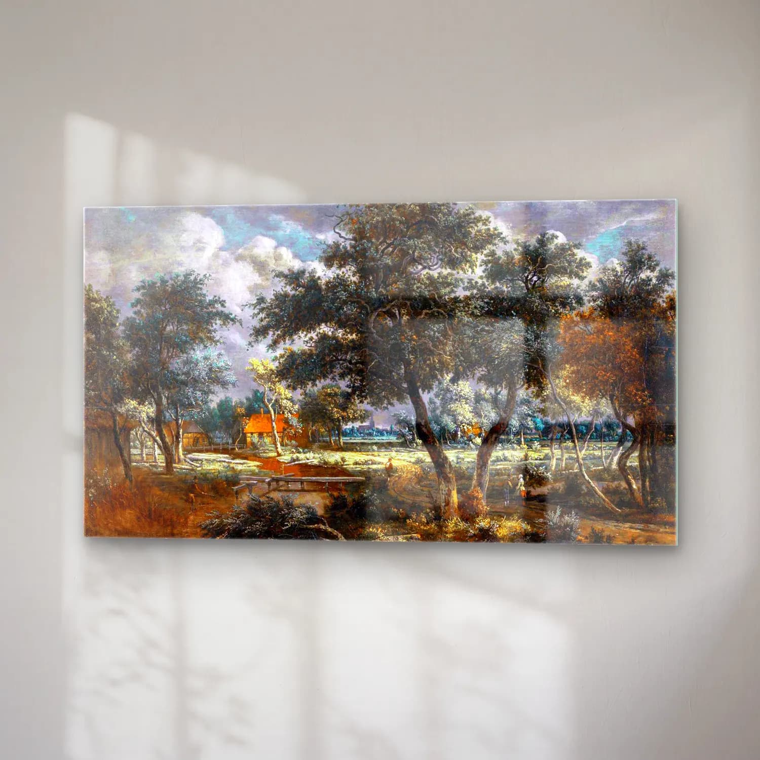 Meyndert Hobbema – A Wooded Landscape with Peasants on a Path and an Angler at… cam tablo — sağ açıdan görünüm