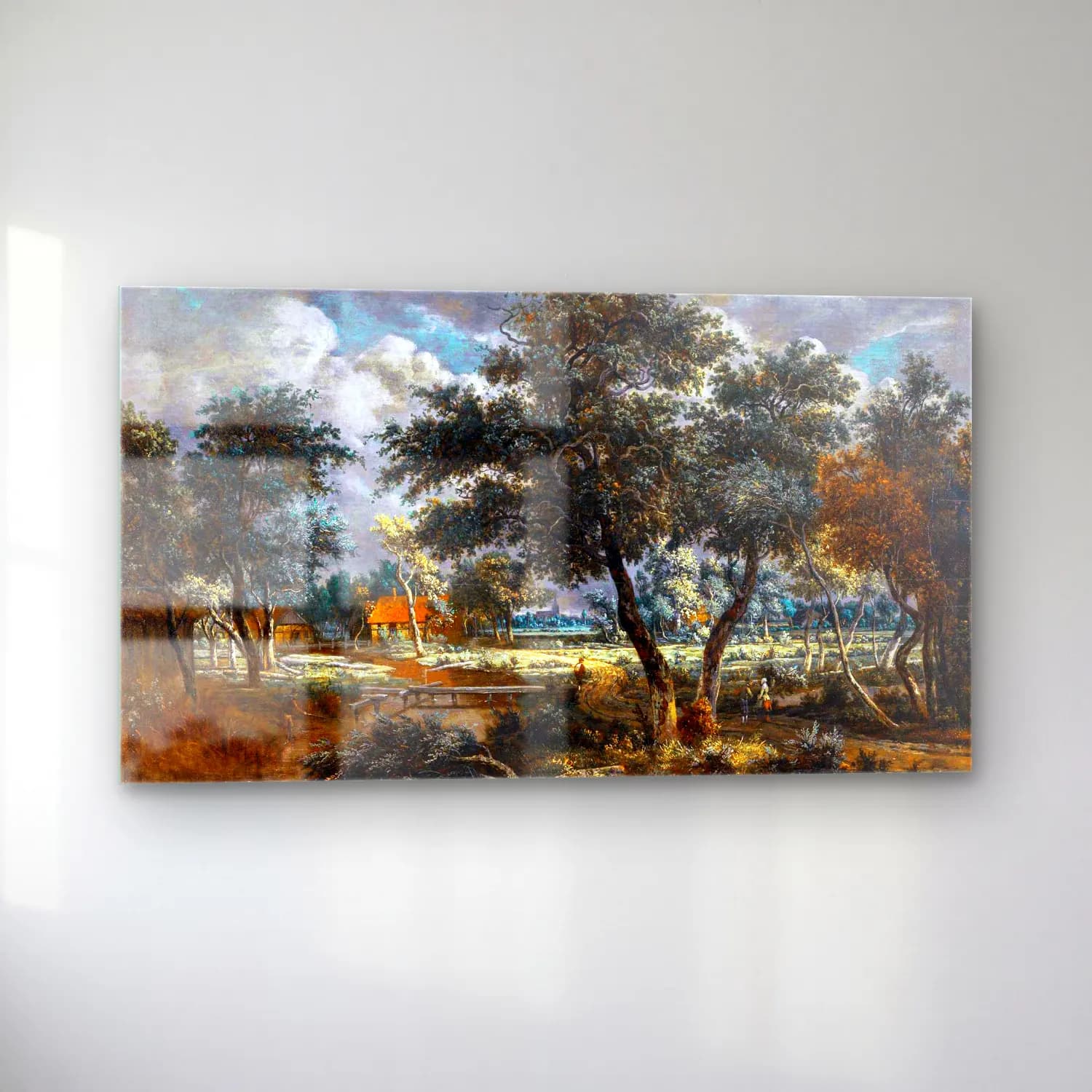 Meyndert Hobbema – A Wooded Landscape with Peasants on a Path and an Angler at… cam tablo — sol açıdan görünüm