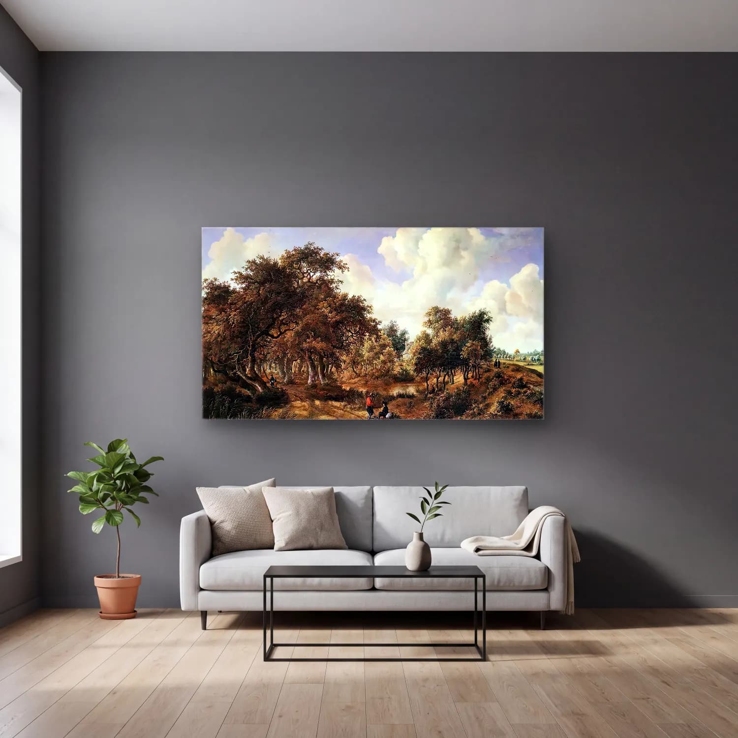 Meyndert Hobbema – A Wooded Landscape cam tablo — gri duvarlı salonda