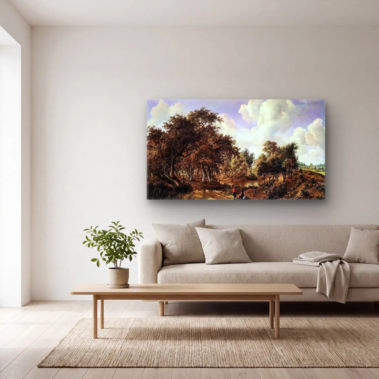 Meyndert Hobbema – A Wooded Landscape cam tablo — açık renk salonda