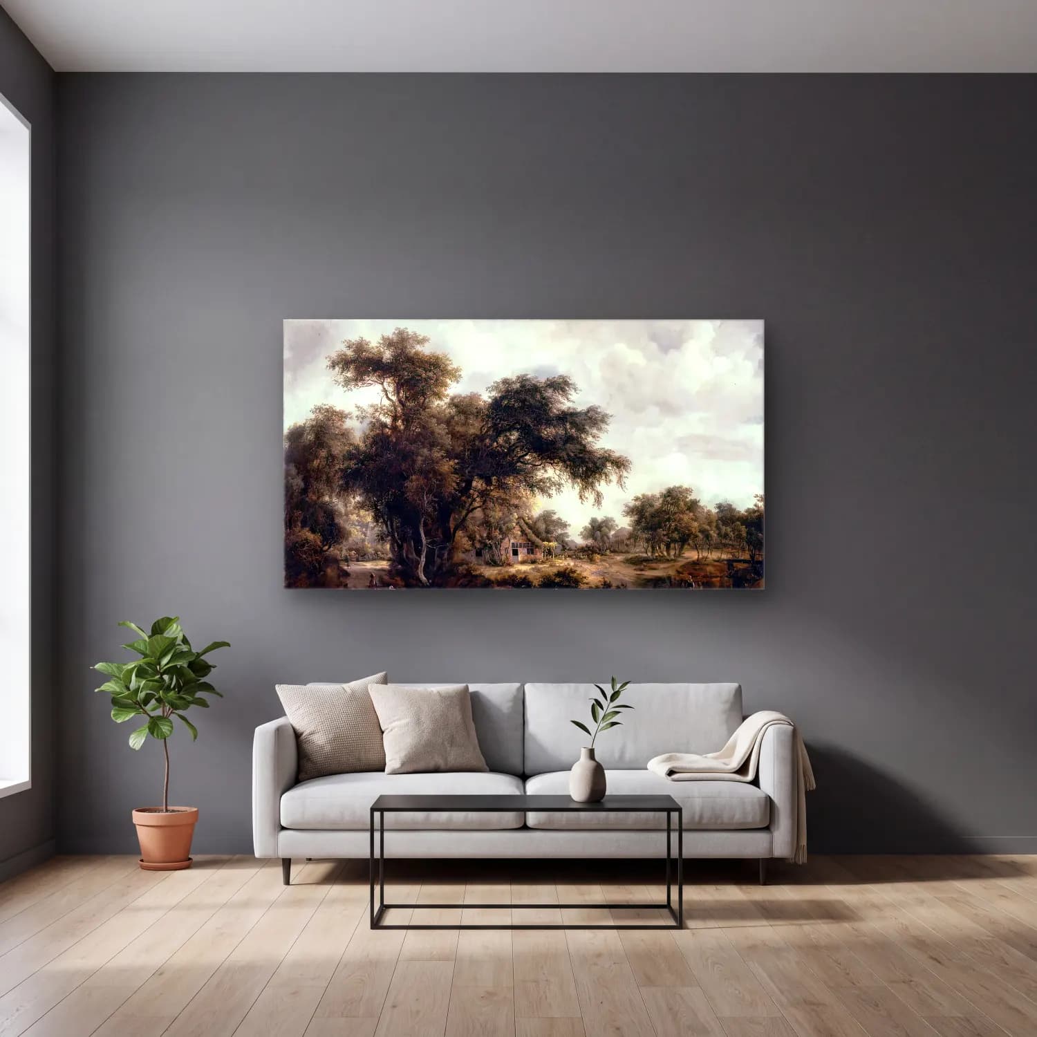 Meyndert Hobbema – Farm in the Woods cam tablo — gri duvarlı salonda