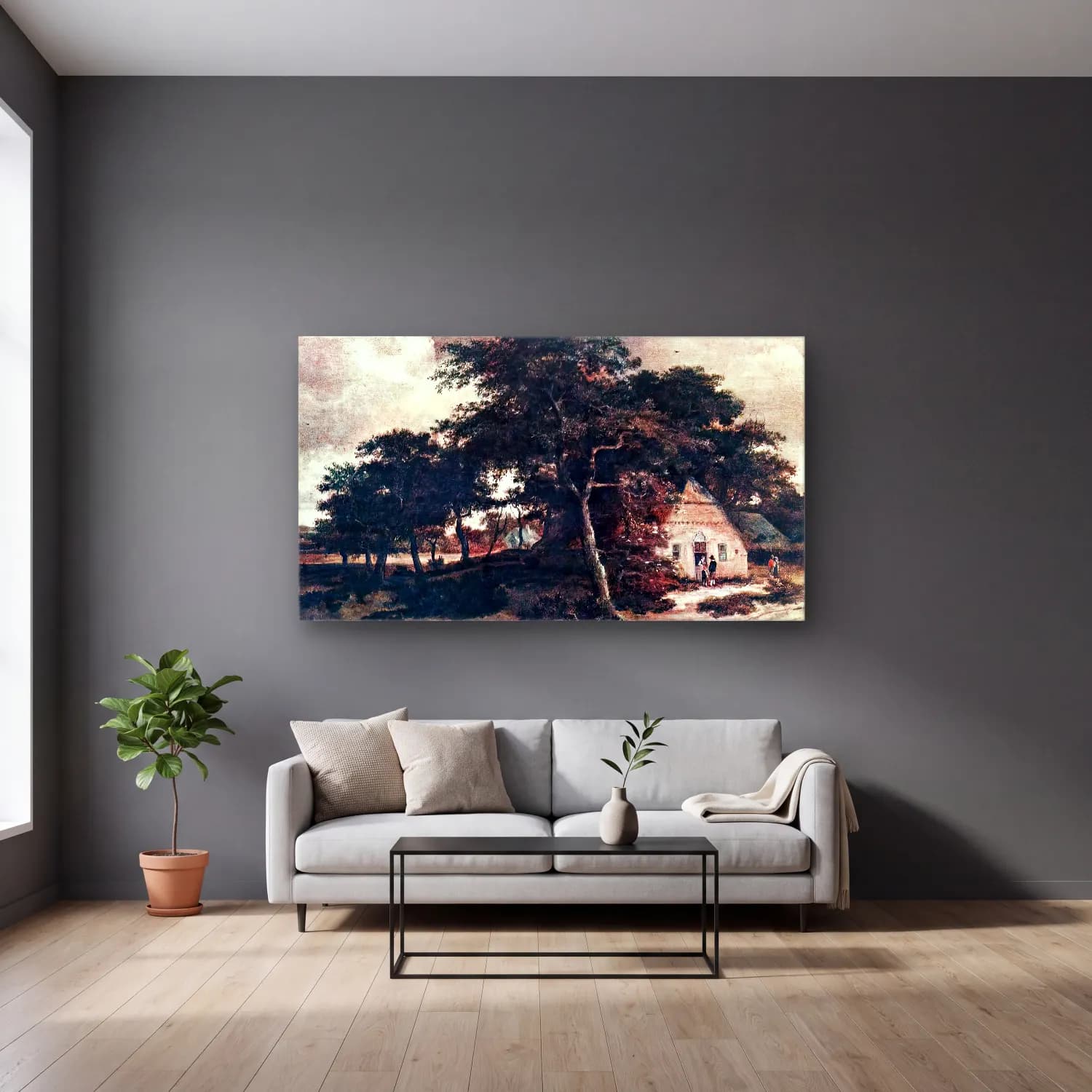 Meyndert Hobbema – Landscape with a Hut cam tablo — gri duvarlı salonda